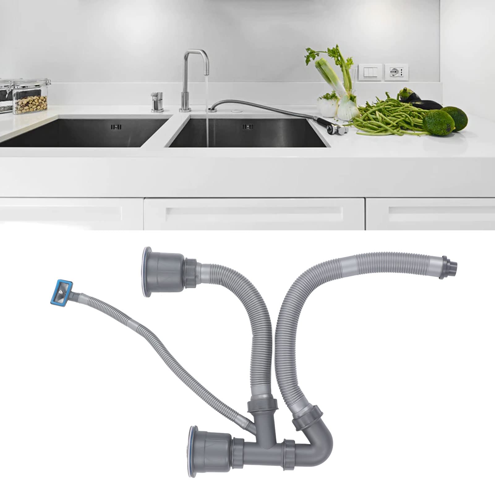 Kitchen Sink Double Hose Drain with Multiple Deodorizers, Fast Drainage Expandable Design, PP PVC Stainless Steel Materials for Kitchen Sinks - Ideal for Home and Commercial Use