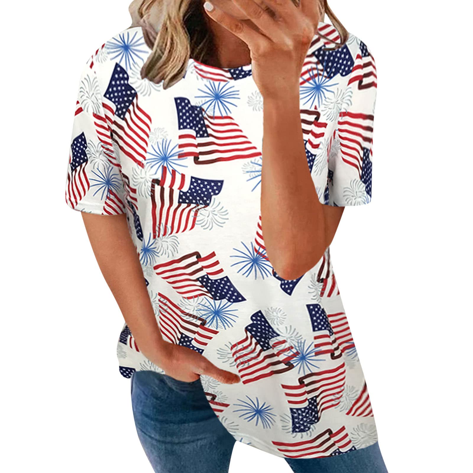 Women's White Floral Short Sleeve Cotton T-Shirt - Casual Summer Top for Independence Day & Everyday Wear - Perfect for Work, Outings, and Layering