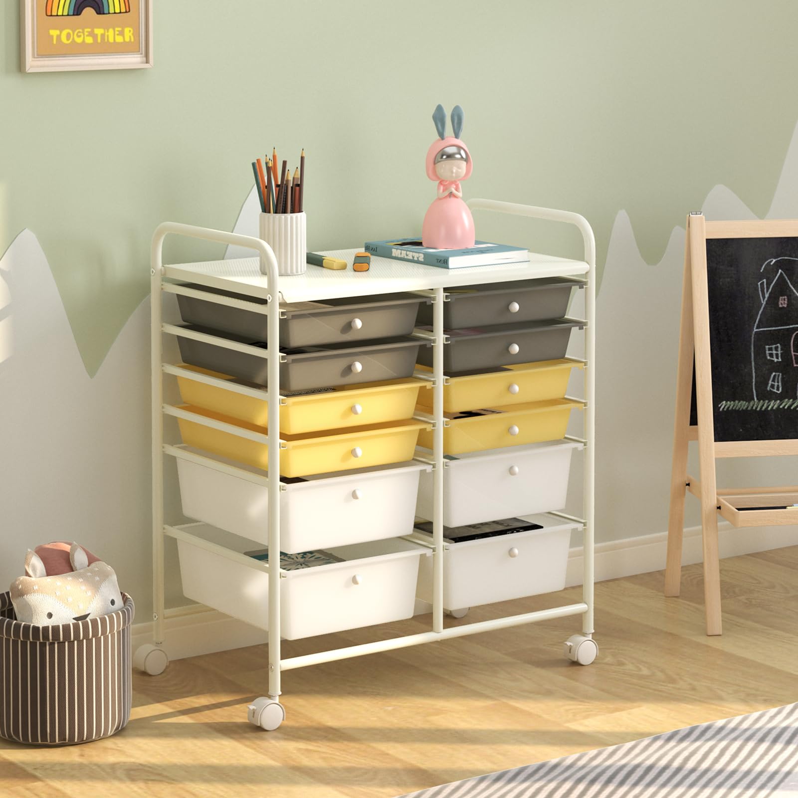 Giantex 12-Drawer Rolling Storage Cart with Wheels - Multipurpose Mobile Organizer for Home Office School - Yellow Utility Cart for Bedroom, Kitchen, Classroom & Dorm Organization