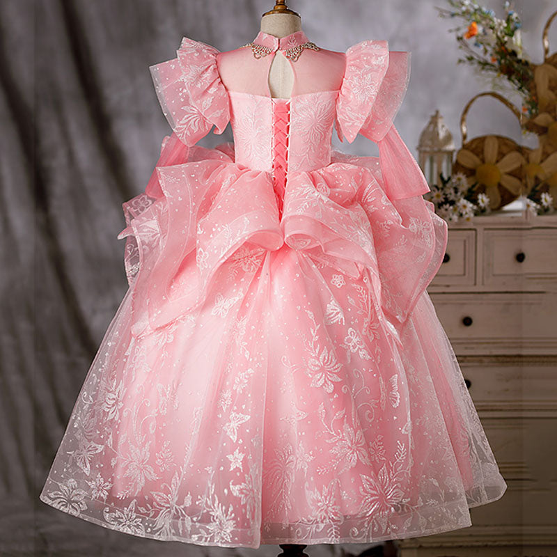 Sparkly Pink Sequin Flower Girl Dress with Organza Skirt - Mock Neck Style for Weddings & Special Occasions