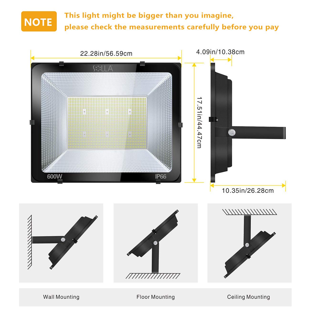 SOLLA 600W LED Flood Light - IP66 Waterproof, 48,000 Lumens Super Bright (Equivalent to 3300W), 6000K Daylight White - Perfect for Outdoor Security Lighting, Stadiums, Parking Lots, and Wall Mounted Spotlights