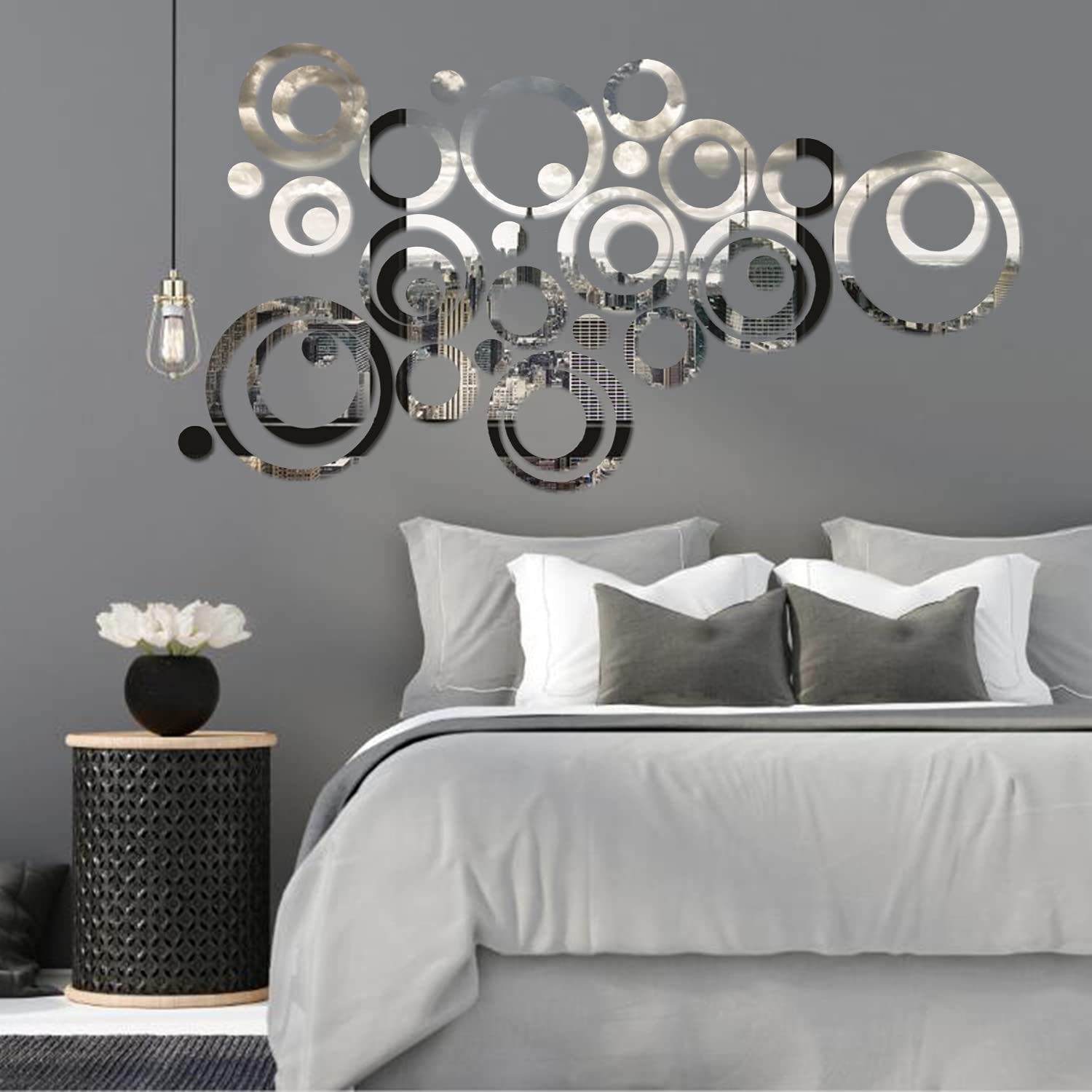 KIMOBER 24PCS Round Silver Acrylic Mirror Wall Stickers - Removable DIY Self-Adhesive Mirror Decals for Home Decor, Bedroom, Bathroom & Living Room Wall Art