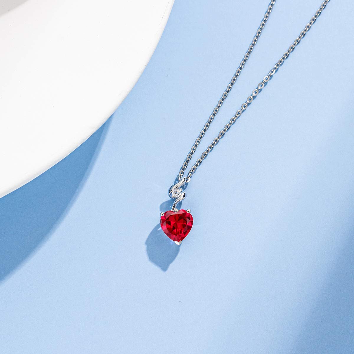14K Solid White Gold Diamond & Gemstone Heart Pendant Necklace with Sterling Silver Chain - 8mm Birthstone Jewelry for Women, Perfect Anniversary & Birthday Gift for Mom, Wife - Ideal for Weddings, Parties & Special Occasions