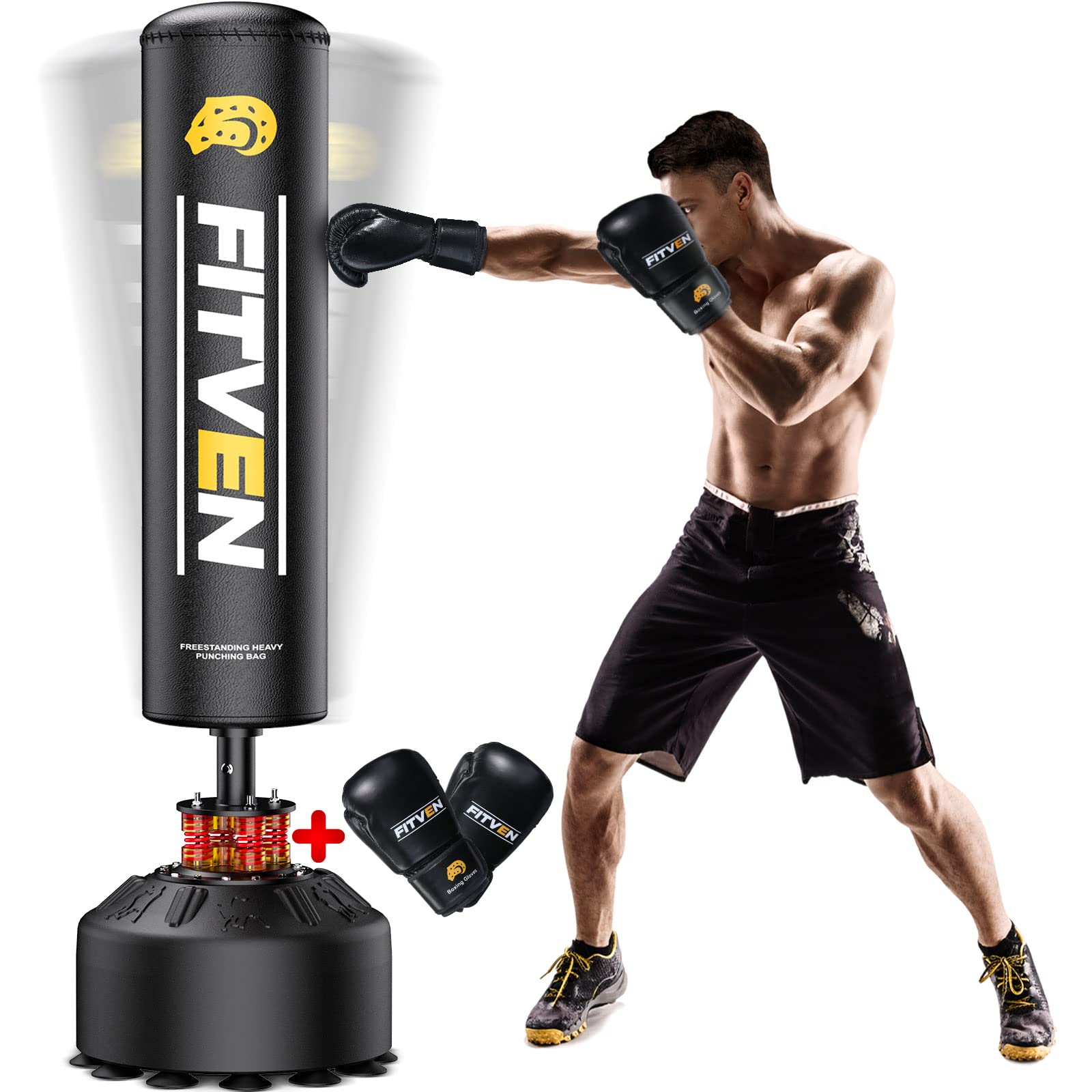 FITVEN 70'' Heavy Duty Freestanding Punching Bag 205lbs with Boxing Gloves - Suction Cup Base Stand Kickboxing Bag for Adults, Youth & Kids - Perfect for Home Gym, Office, Martial Arts & Fitness Training