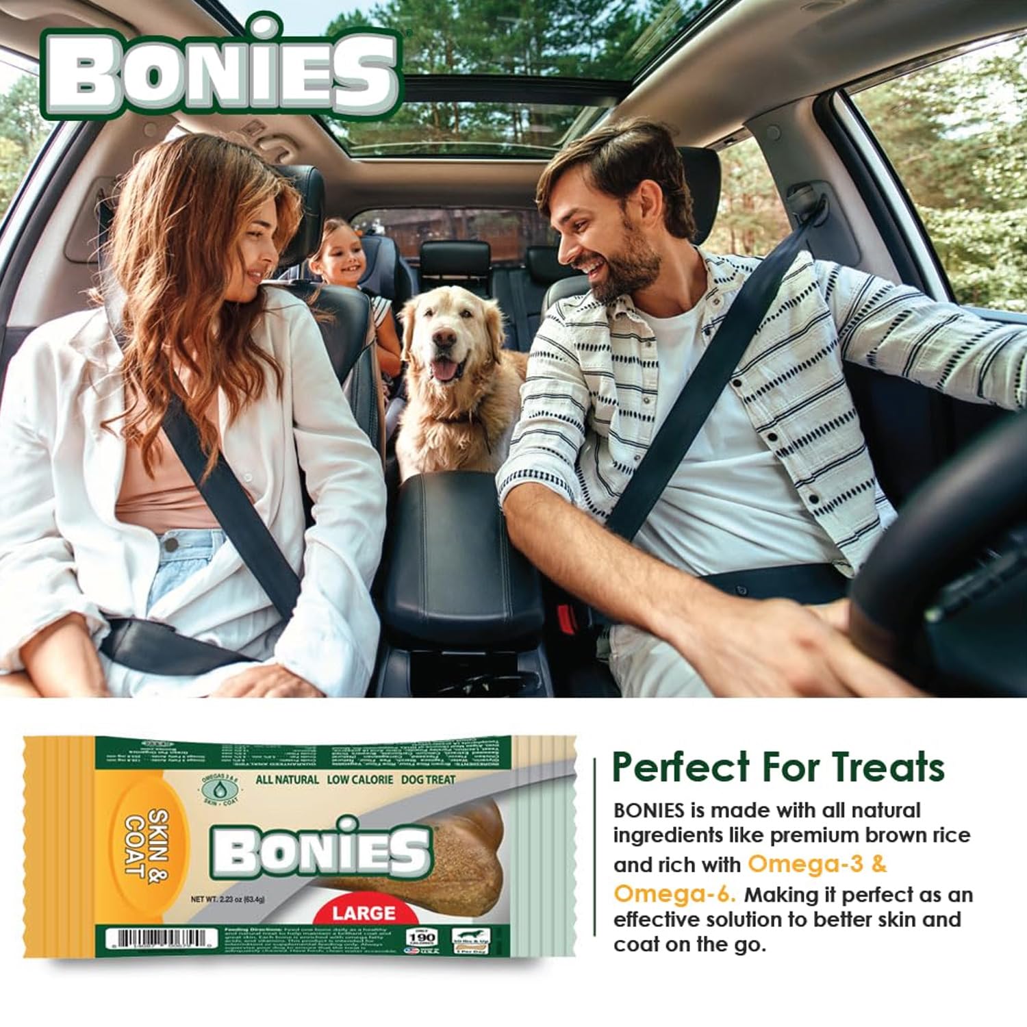 Bonies Natural Skin & Coat Formula Dog Treats - Medium Size Chicken Flavor (8 Bones) - Promotes Silky Coat, Healthy Skin, Teeth & Fresh Breath - Low Calorie Chews for Medium Dogs - Perfect for Training, Rewards & Dental Care