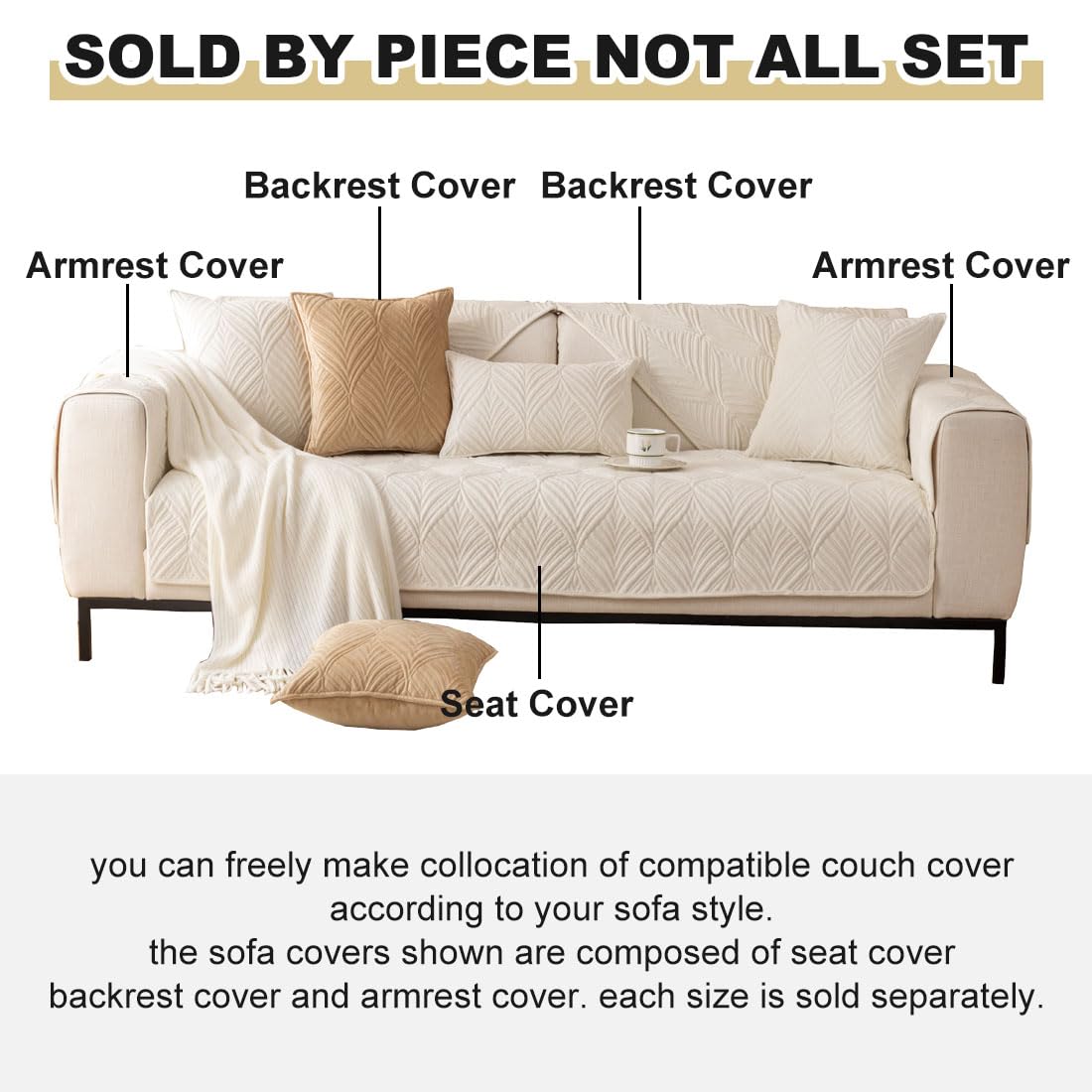 Premium Velvet Quilted Sofa Cover - Super Soft Non-Slip Sectional Couch Protector with Leaf Pattern | Plush Furniture Slipcover for Living Room, Bedroom | Pet & Kid Friendly (Cream, 28