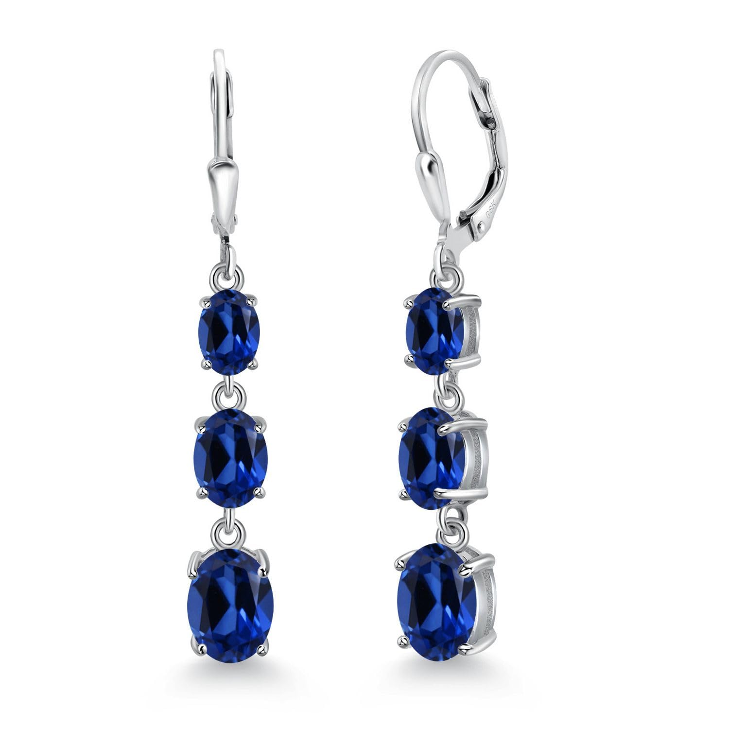 Gem Stone King 3-Stone Leverback Drop Dangle Earrings for Women - 925 Sterling Silver Birthstone Jewelry | Oval 8x6mm, 7x5mm & 6x4mm Gemstones | Elegant Gift for Mom, Wife, Her | Perfect for Weddings, Anniversaries & Special Occasions
