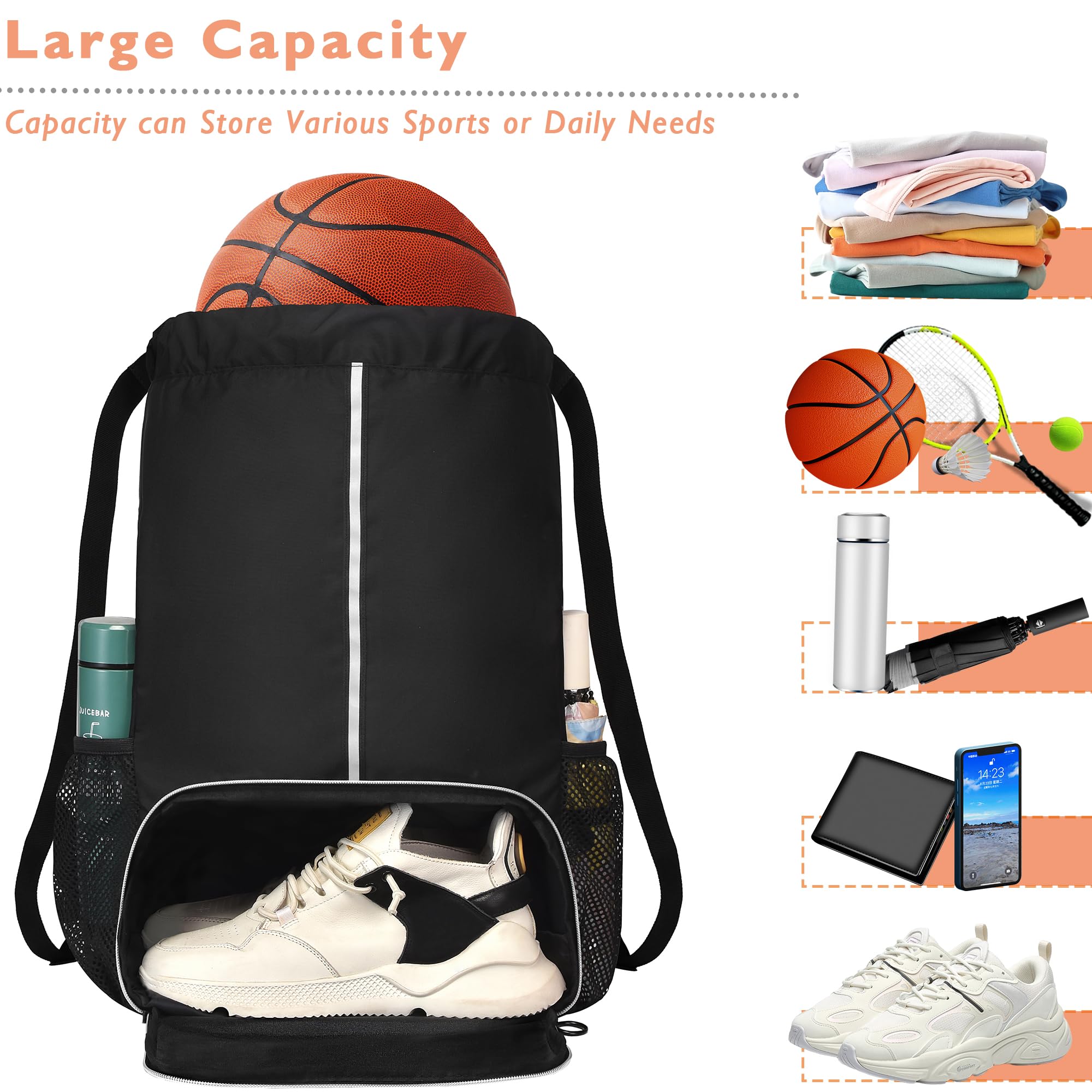 Large Drawstring Backpack with Shoe Compartment - Gym & Beach Bag for Men & Women