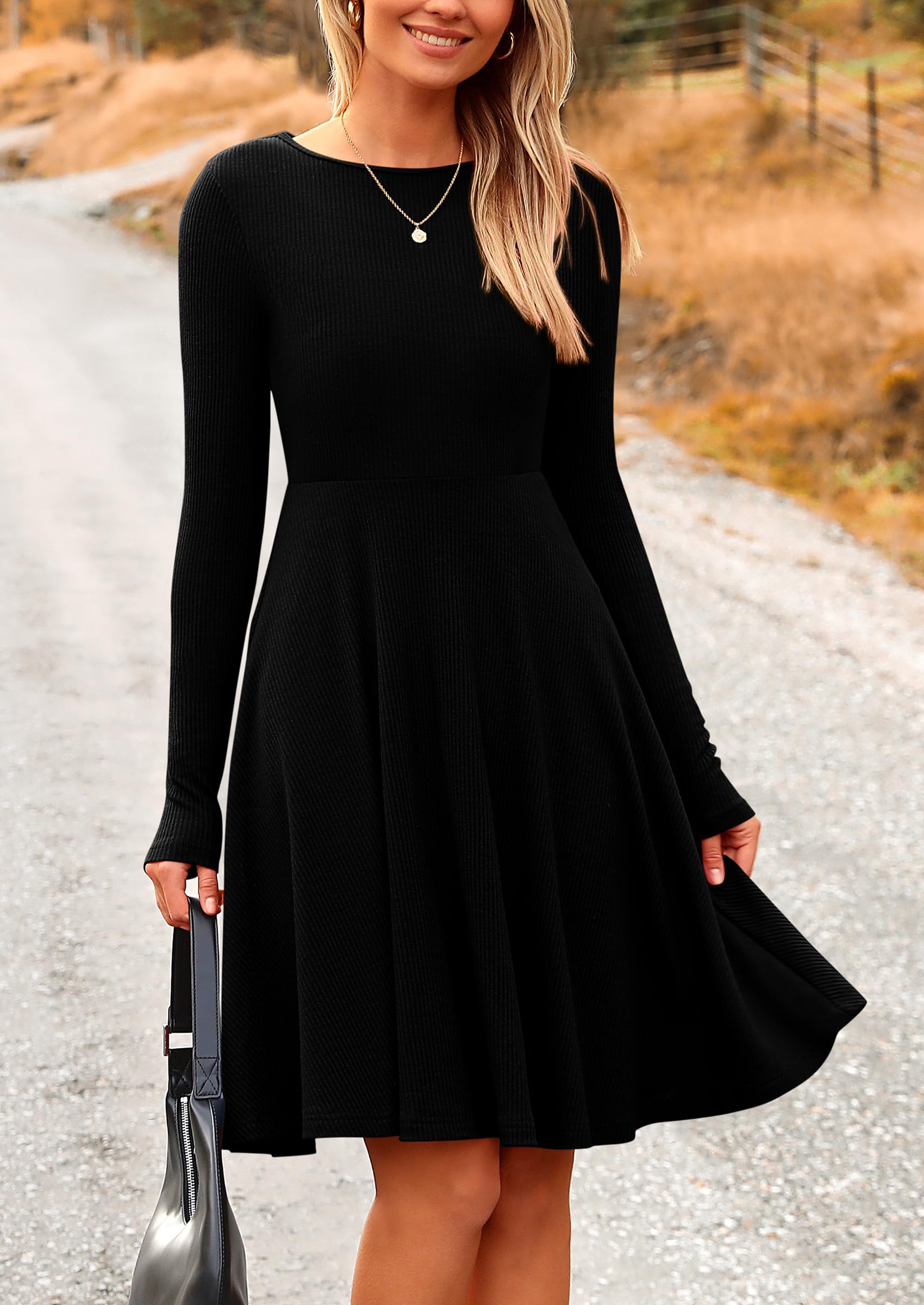 PRETTYGARDEN Women's Ribbed Knit Dress - Long Sleeve Crewneck A-Line Flowy Casual Dress for Spring & Fall | Perfect for Office Wear, Date Nights & Weekend Outings