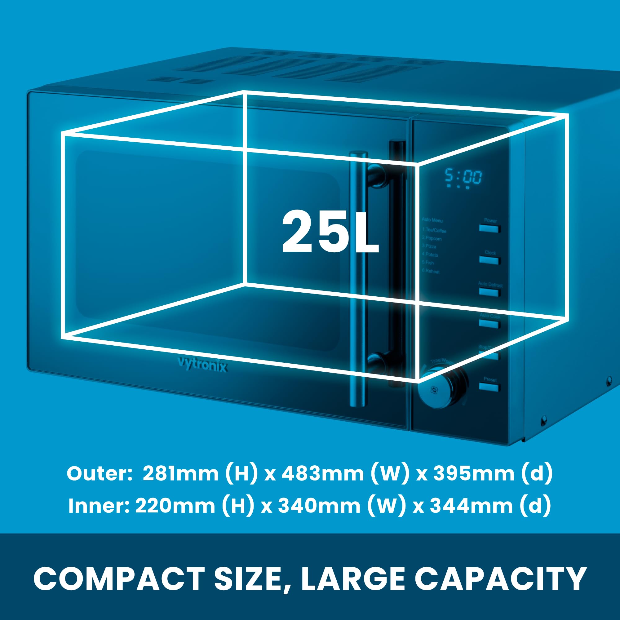 VYTRONIX VY-C900M 900W Digital Microwave Oven - 25L Capacity, 5 Power Levels, Clock & Timer, Mirrored Front - Perfect for Small Kitchens, Dorms & Office Break Rooms