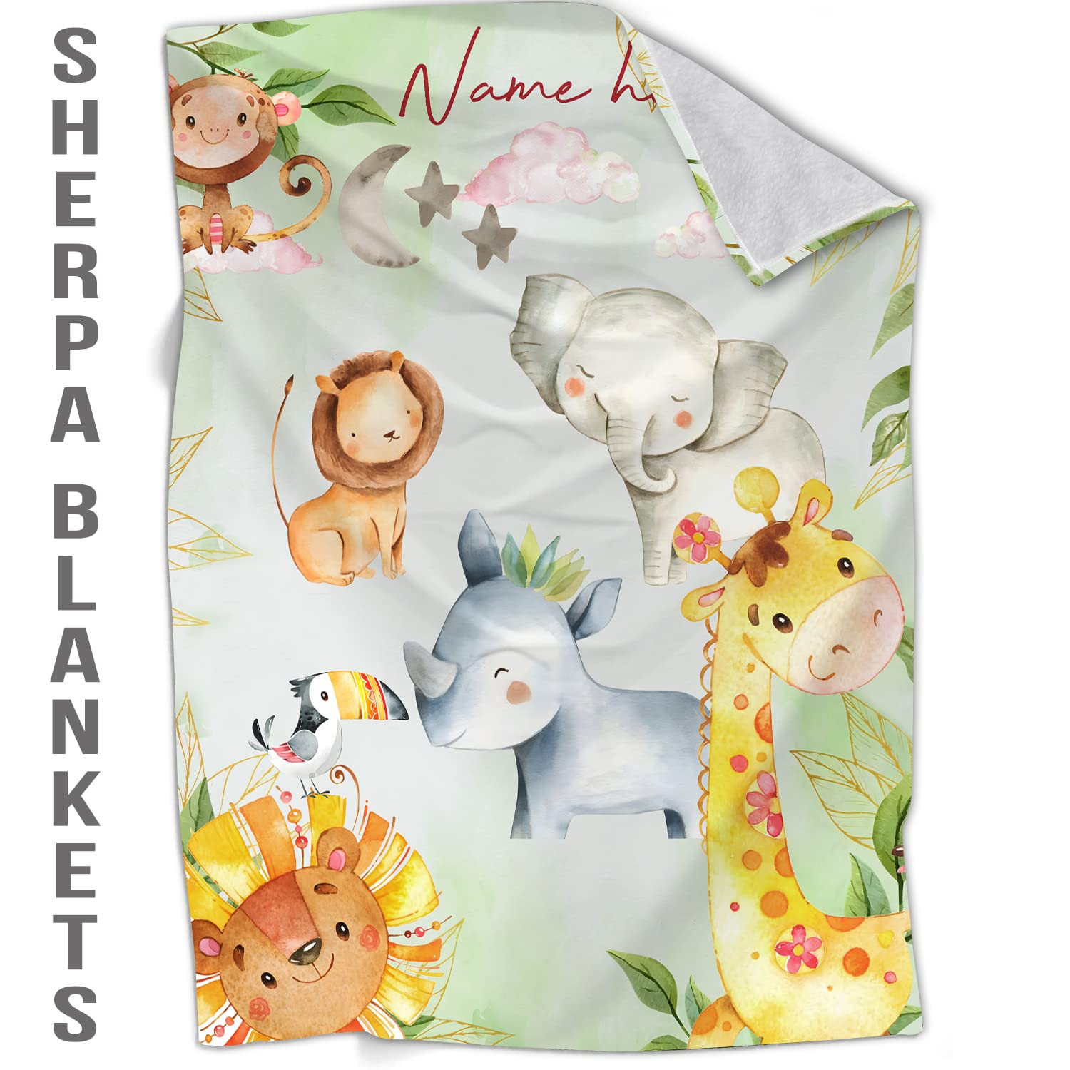 Personalized Safari Jungle Baby Blanket with Name - Soft Fleece Nursery Blanket Featuring Adorable Tropical Animals - Gentle on Baby's Skin - Perfect for Boys & Girls Nursery, Stroller, Swaddle & Photo Shoots