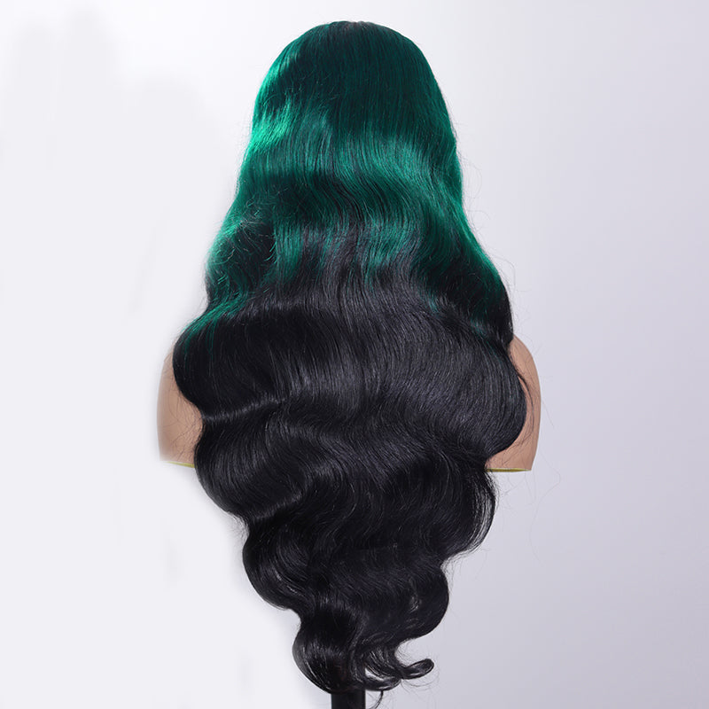 Eullair Ombre Dark Green Black Body Wave Lace Front Wig 1B Roots Pre-Colored Human Hair Lace Wig for Women - Perfect for Cosplay, Parties & Daily Styling (EW013)