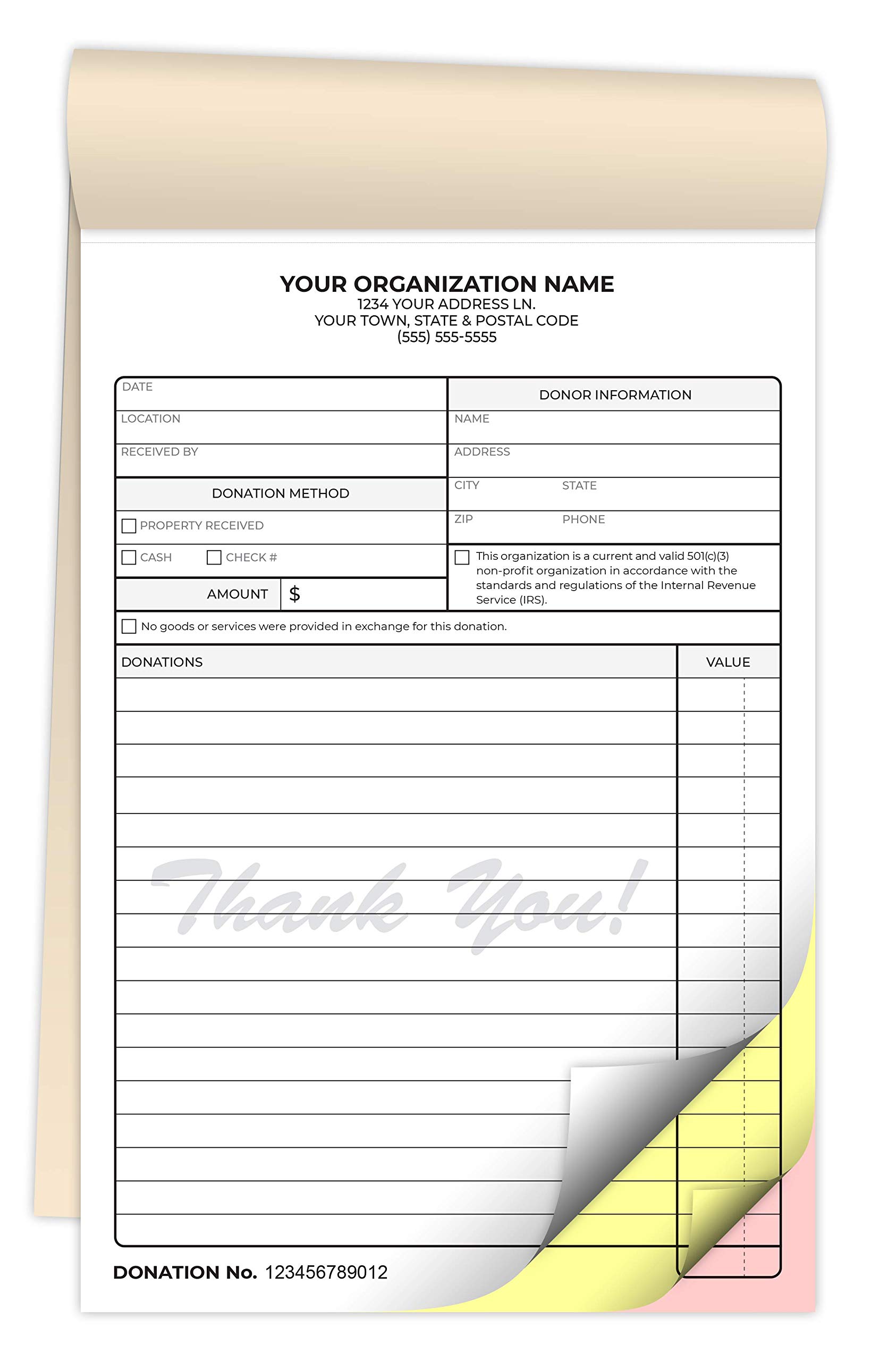 Custom Printed 5.5 x 8.5 Inch Carbonless Non-Profit Donation Receipt Books - 3-Part NCR Staple Bound Pads with Manila Cover - Personalized with Your Company Name & Number (1500 Qty) - Perfect for Churches, Charities & Fundraising Events