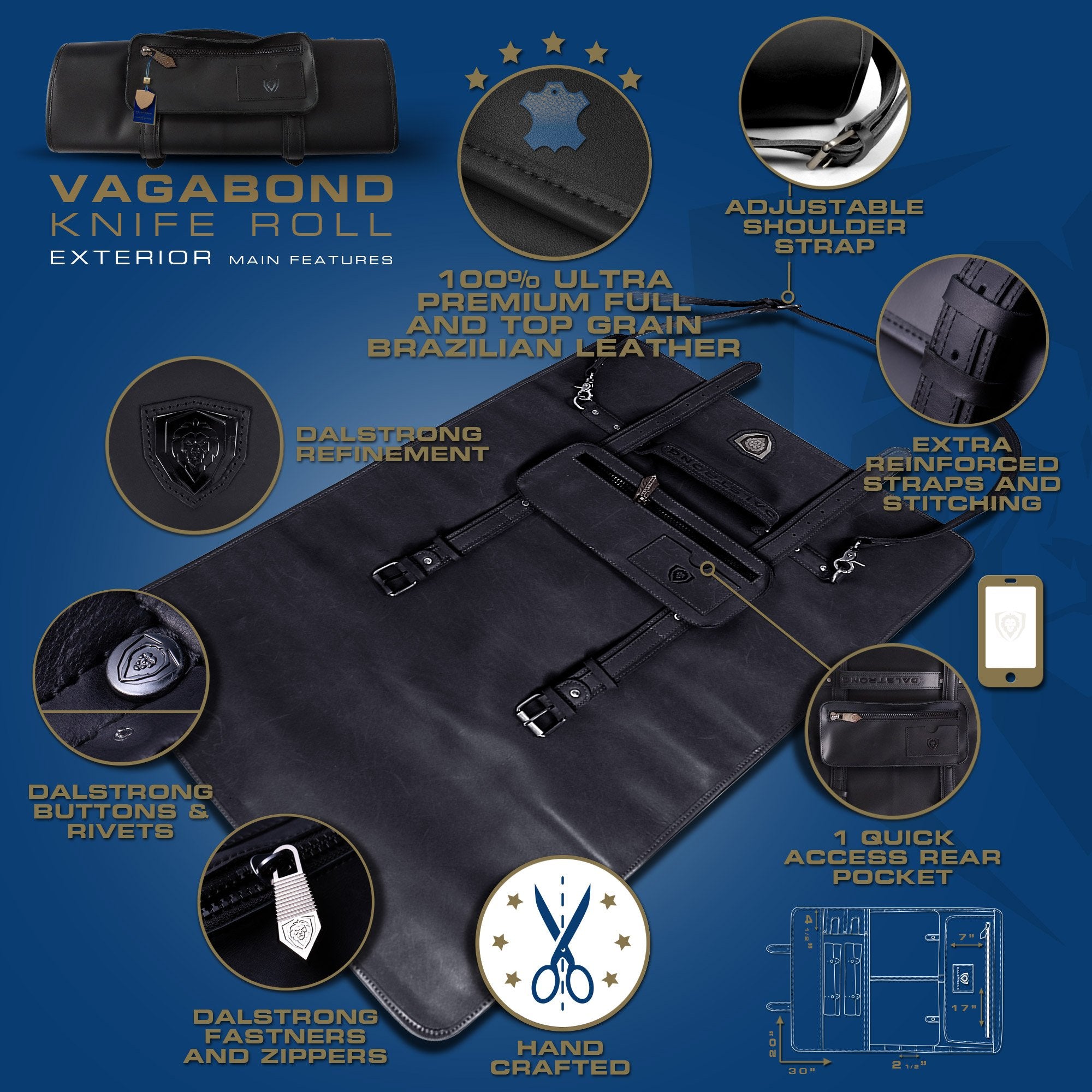 Premium Full Grain Leather Vagabond Knife Roll - Midnight Black | Dalstrong Professional Chef Knife Case for Travel & Kitchen Storage