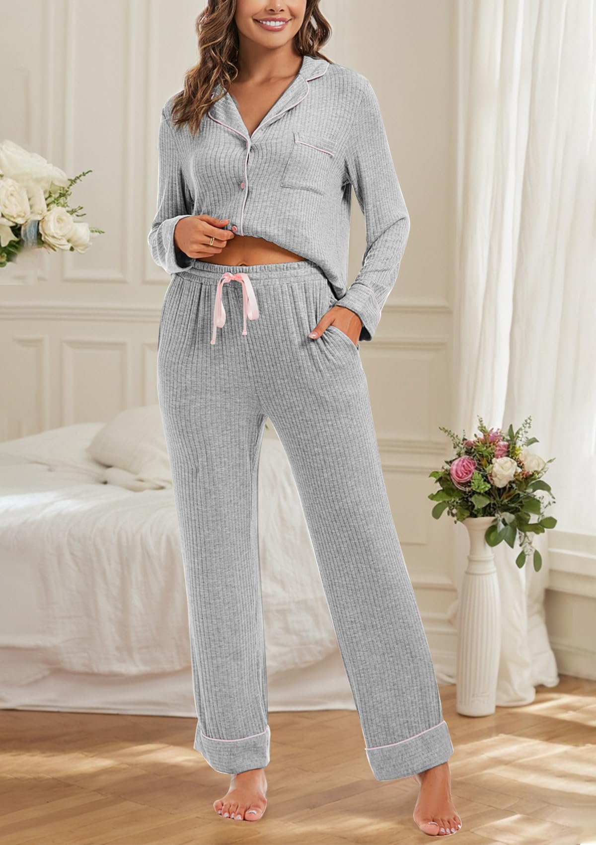 Women's Soft Knit Pajama Set - Long Sleeve Button Down Sleepwear for Cozy Nights