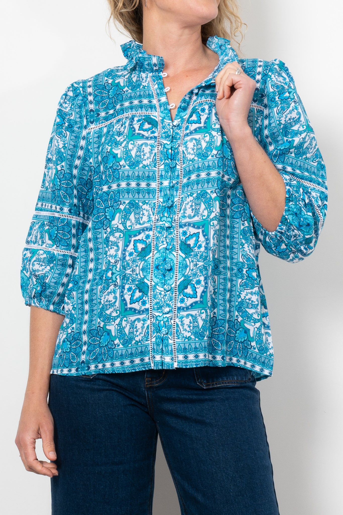 Zoe Kratzmann Wayfarer Top - Women's Fashion Blue Tile Print Blouse for Casual Wear, Office Outfits & Summer Style