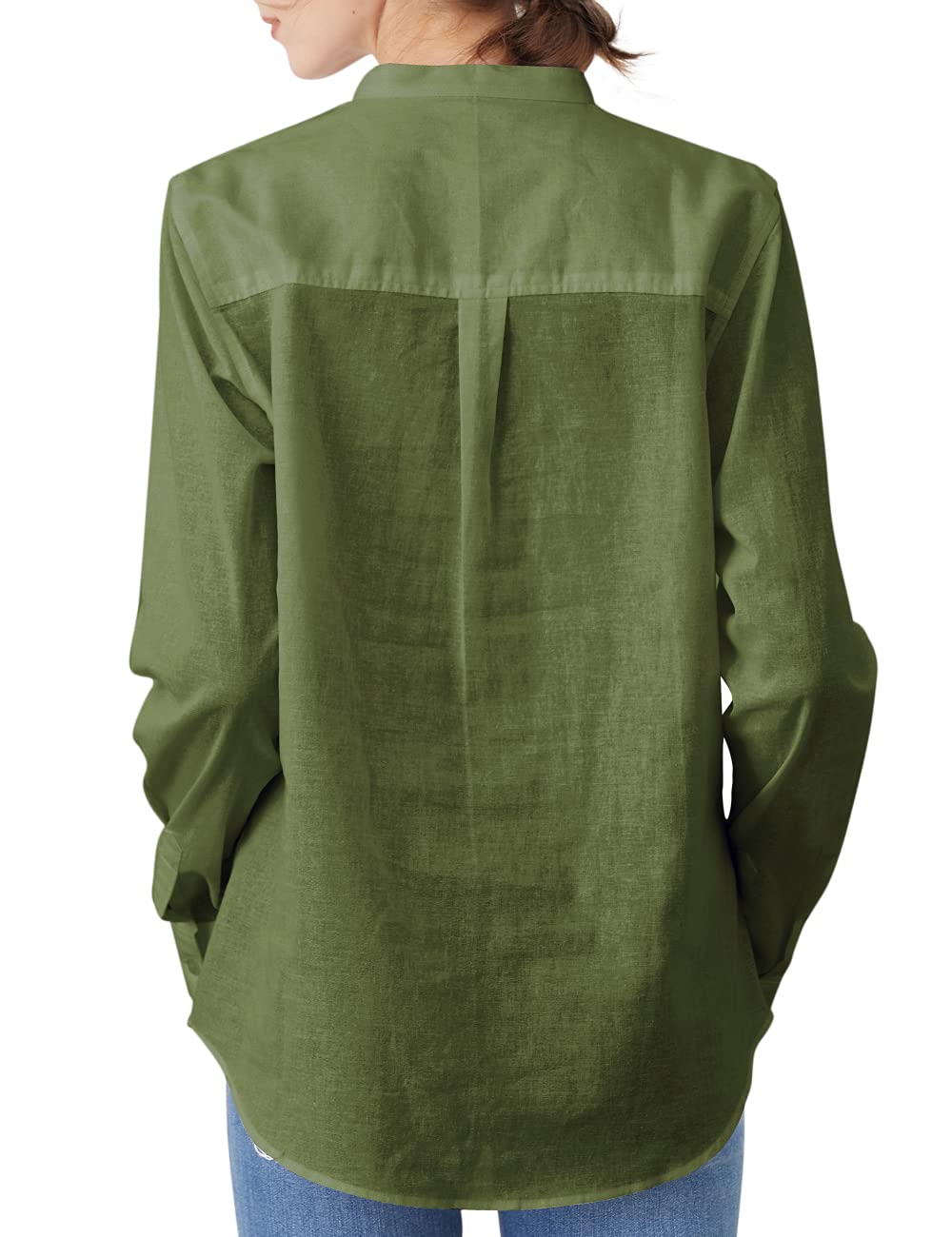 Women's Linen Mandarin Collar Button-Down Shirt - Casual Long Sleeve Blouse for Summer, Office & Travel | Breathable & Comfortable