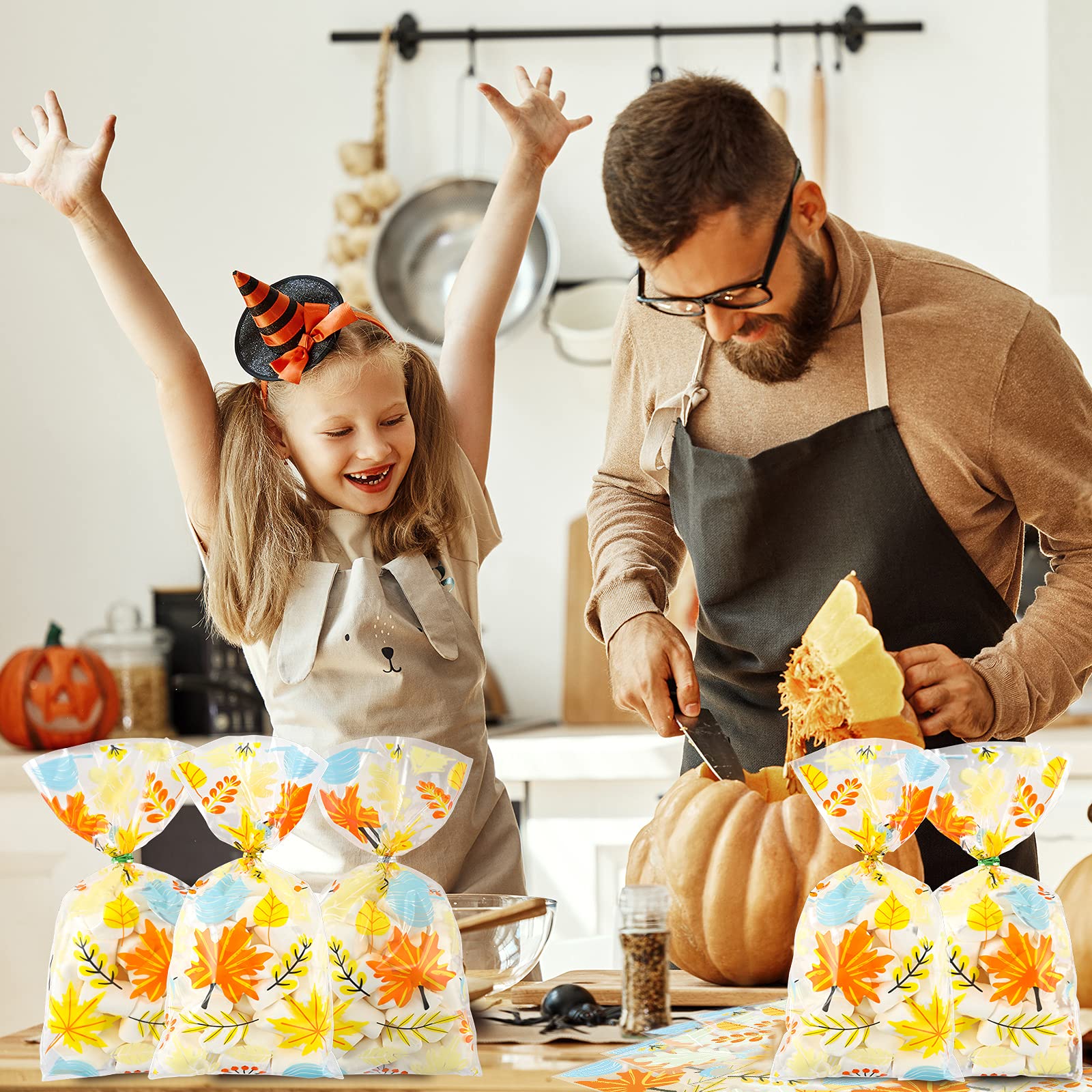 Whaline 120Pcs Fall Cellophane Bags with Maple Leaves - Party Favor Bags for Thanksgiving, Candy & Gifts
