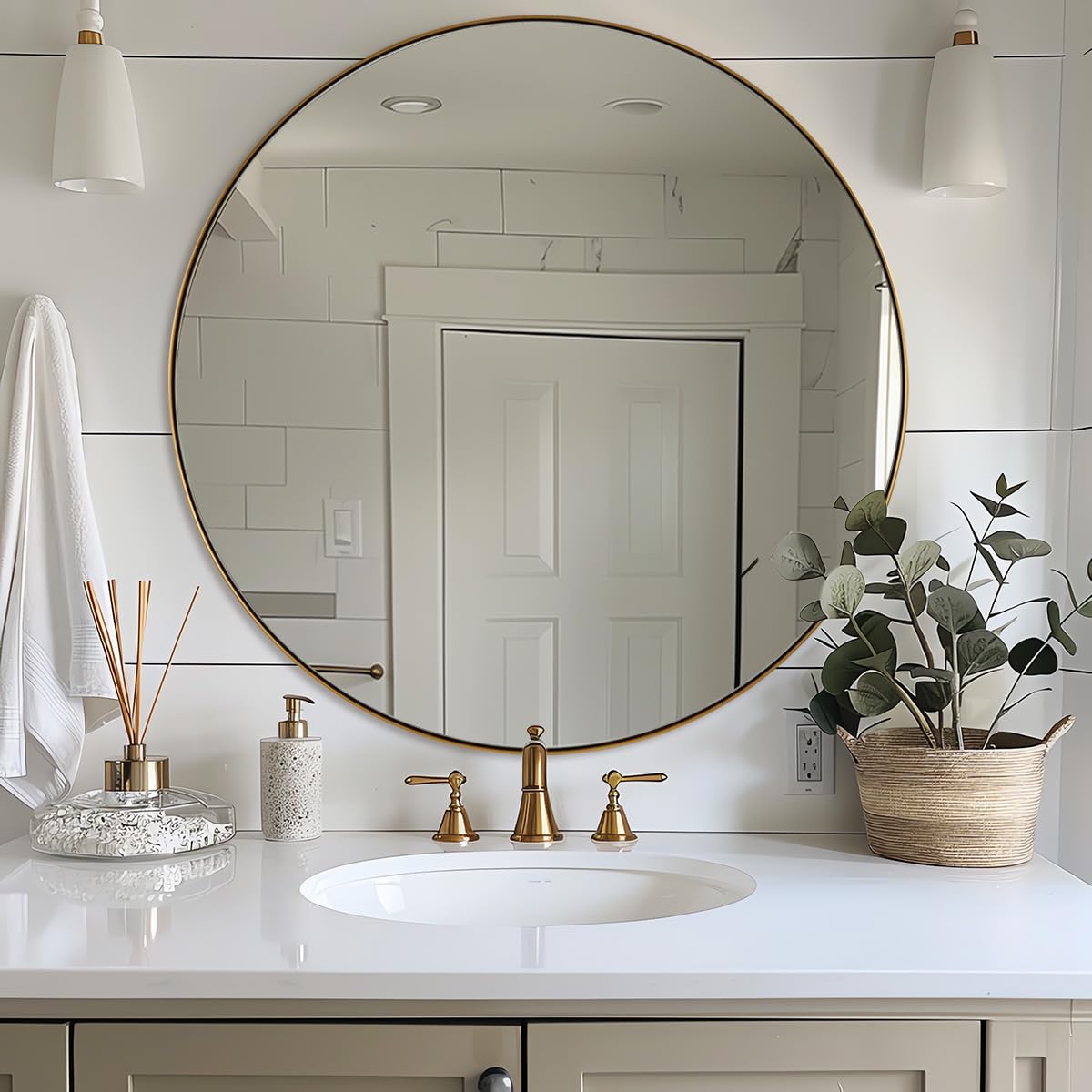 ANDY STAR 30'' Round Gold Wall Mirror - Brushed Brass Frame, Stainless Steel Metal, Modern Bathroom Living Room Bedroom Decor - Perfect for Vanity, Entryway, and Home Styling