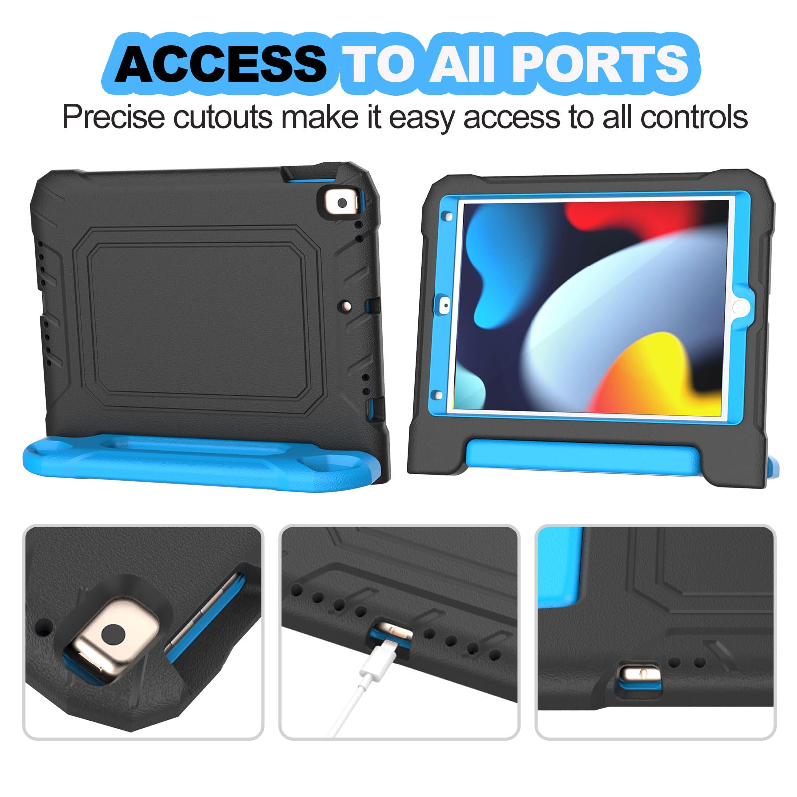 YIHE Shockproof Kids iPad Case for iPad 10.2 Inch 9th/8th/7th Gen (2021/2020/2019), iPad Pro 10.5 & iPad Air 3 - Durable Handle Stand Cover with Screen Protector (Black & Blue) | Perfect for School, Travel & Home Learning