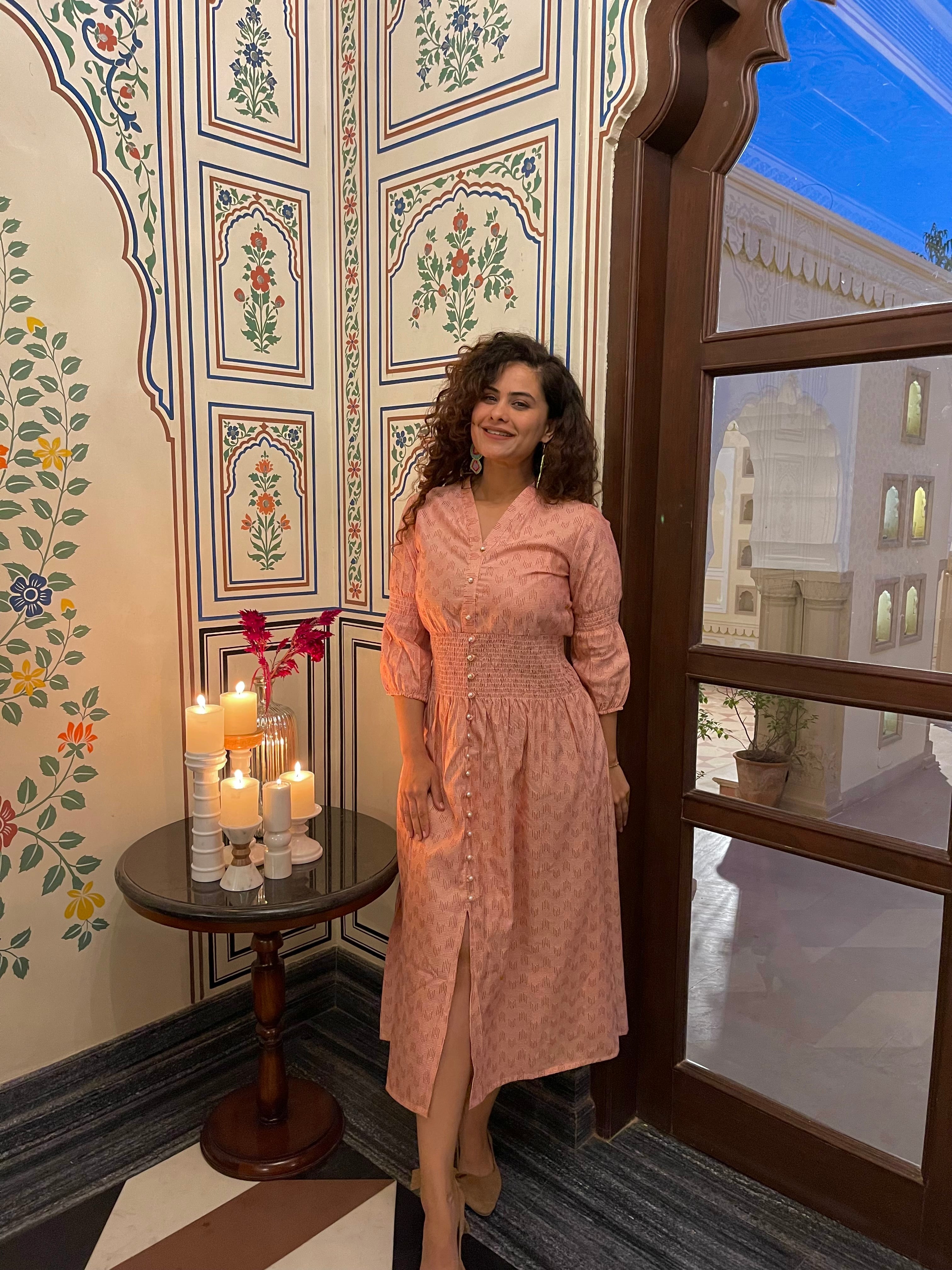 Peach Handloom Cotton Long Midi Dress - Women's Boho Summer Maxi Dress for Beach, Vacation & Casual Wear