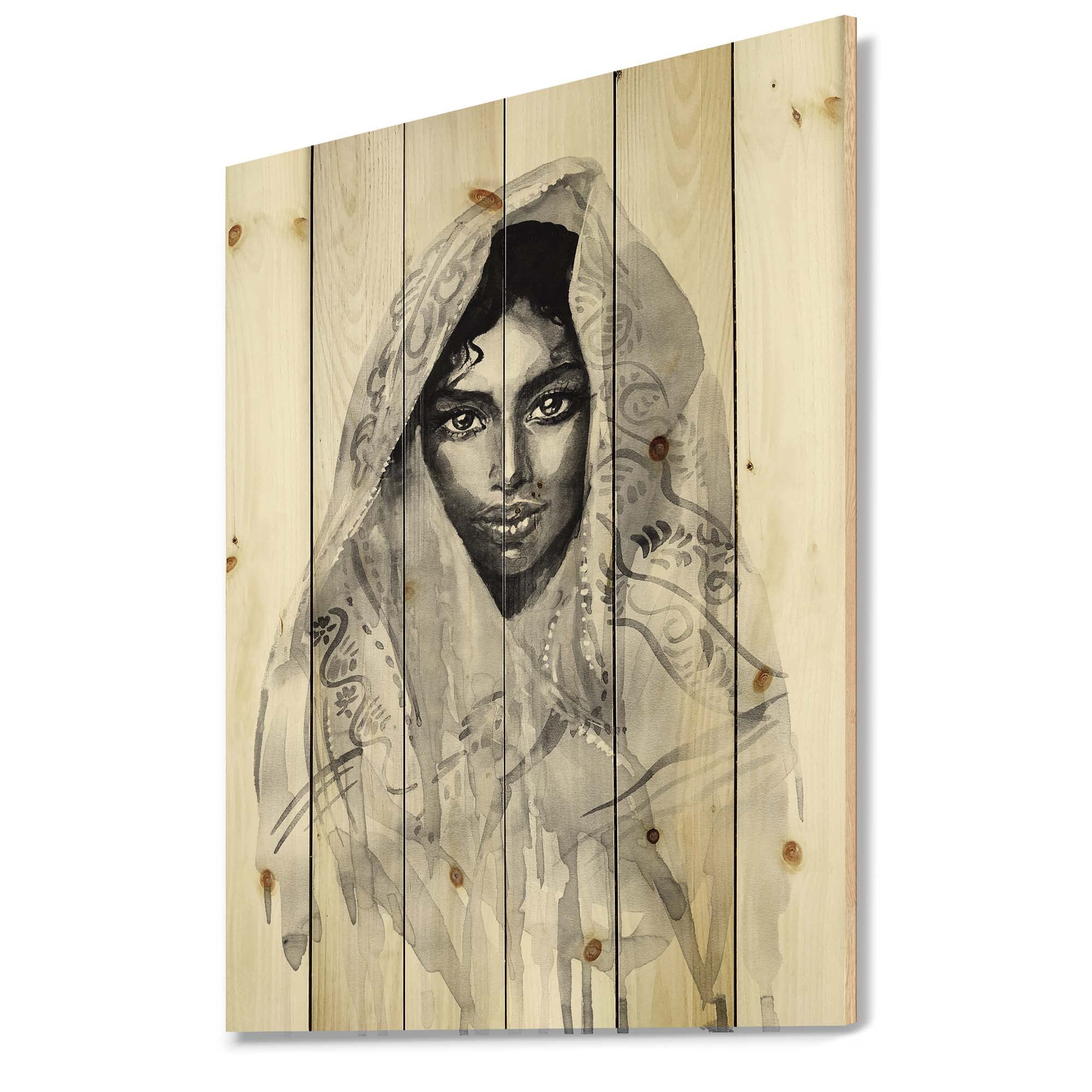 Modern Monochrome Portrait of Young Indian Woman - Contemporary Wood Wall Art Decor, Black Wood Panel Printed on Natural Pine - Perfect for Living Room, Bedroom & Office Decor