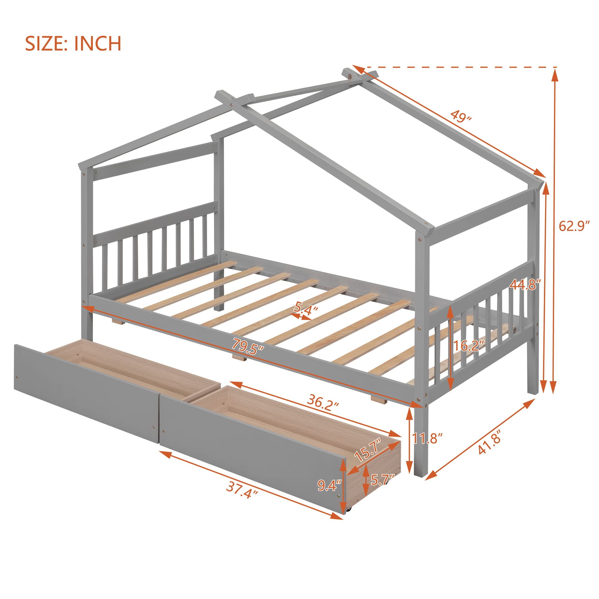 Harper & Bright Designs Twin Size Wooden House Bed for Kids with Storage Drawers - Sturdy Kids Bed Frame with Roof Design for Boys & Girls, Grey - Perfect for Bedrooms, Playrooms & Kids' Sleepovers