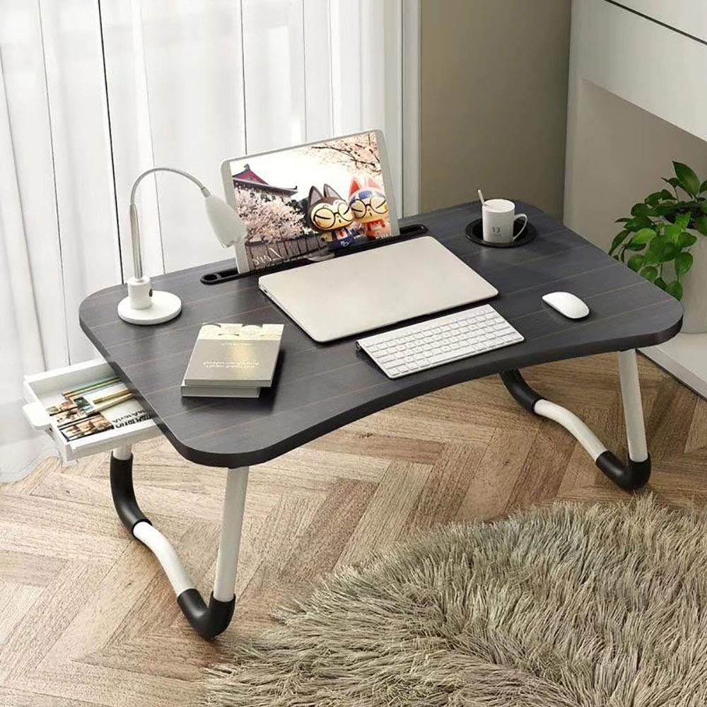 GKZJ Folding Laptop Lap Desk - 60 x 40 cm Portable Notebook Stand with Coffee Tray for Couch, Bed, Floor Use - Perfect for Working, Reading, Breakfast in Bed & Kids Activities (Black)