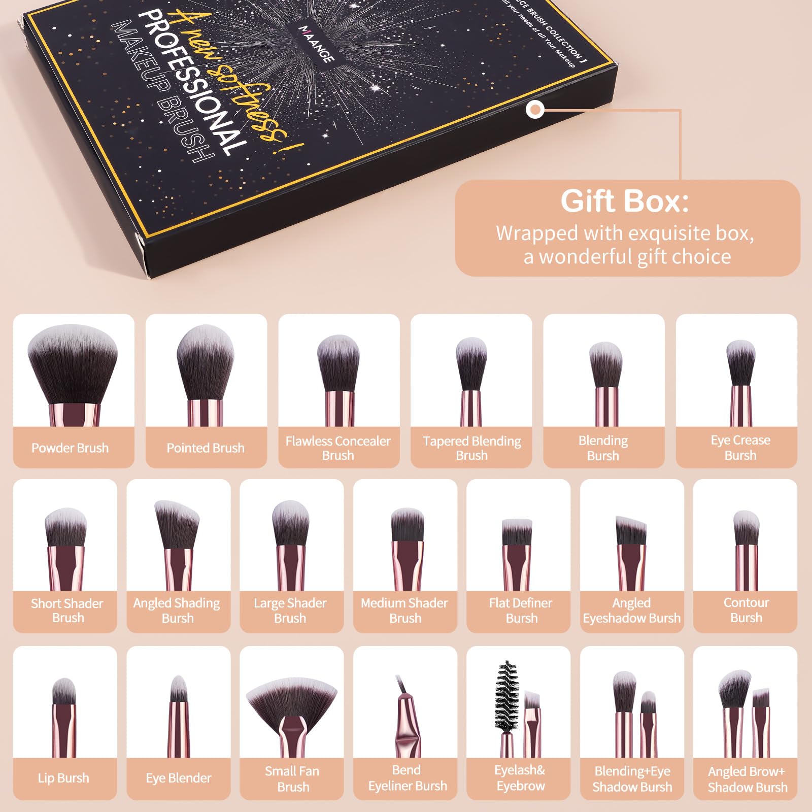 20-Piece Professional Makeup Brush Set - Foundation, Eyeshadow, Blush & Kabuki Brushes for Flawless Face & Eye Makeup | Travel-Friendly with Gift Box (Black) | Perfect for Daily Use, Bridal Makeup & On-The-Go Touch Ups