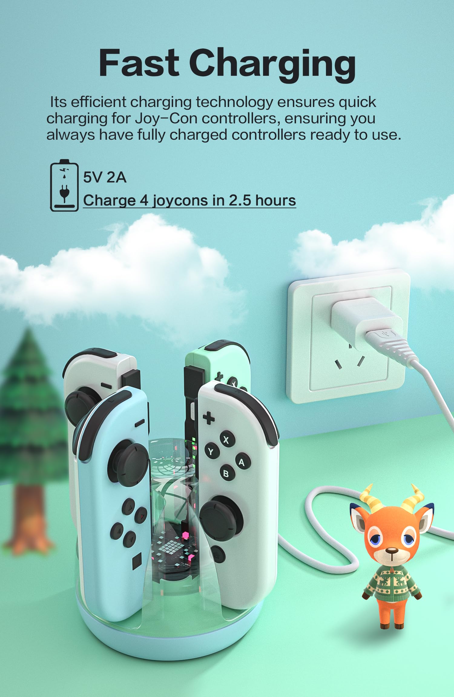 Nintendo Switch Joy-Con Charger Stand - Fast Charging Dock for Switch & Switch OLED Controllers with LED Indicator & USB Cable (Blue Green) - Perfect for Gaming Sessions & Multiplayer Setups