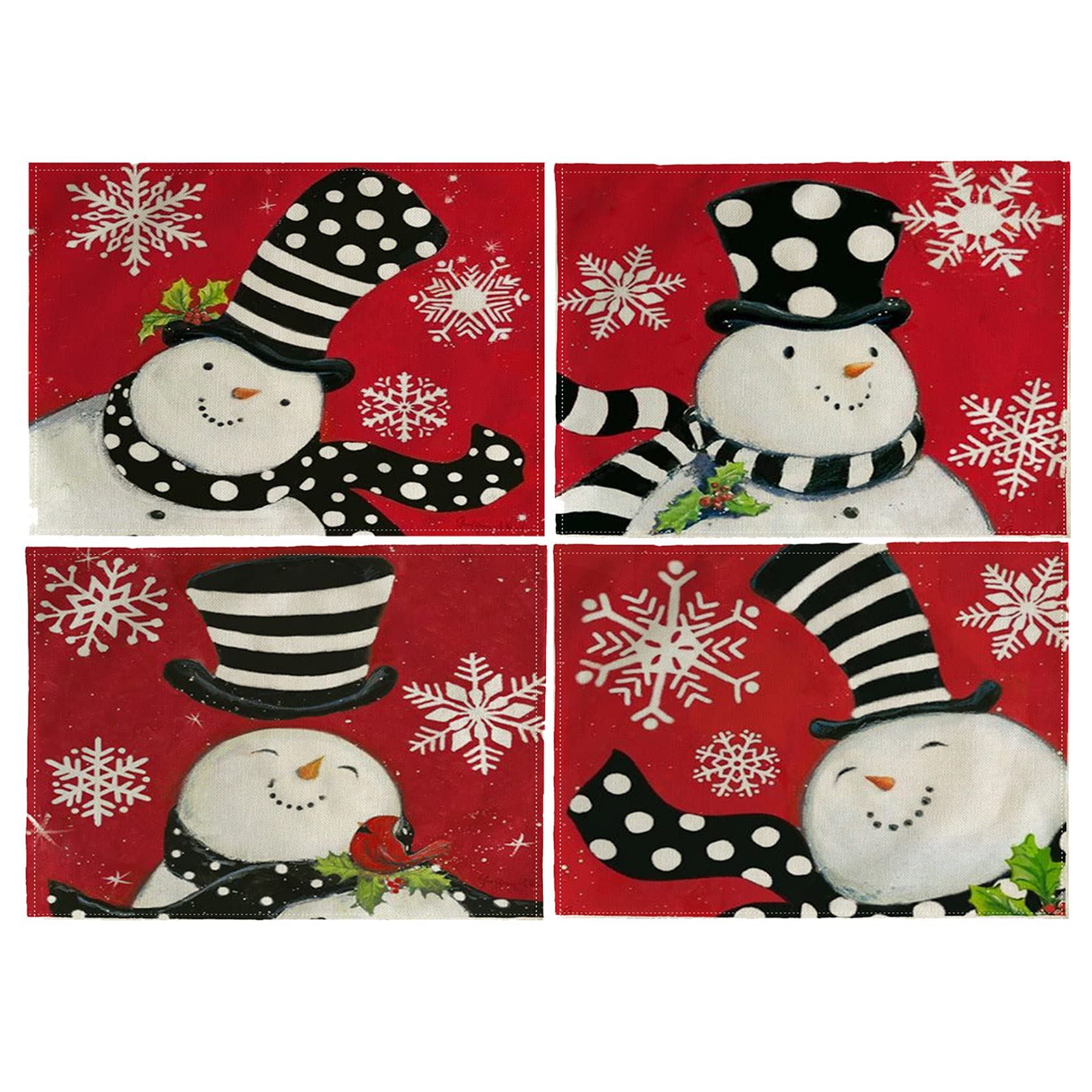 4-Pack Christmas Red Table Mats with Snowman Design - Waterproof, Heat Resistant, Washable & Non-Slip Placemats (12”×16”) for Holiday Dinner, Kitchen Decor & Winter Home Decoration - Perfect for Christmas Parties, Family Gatherings & Festive Dining