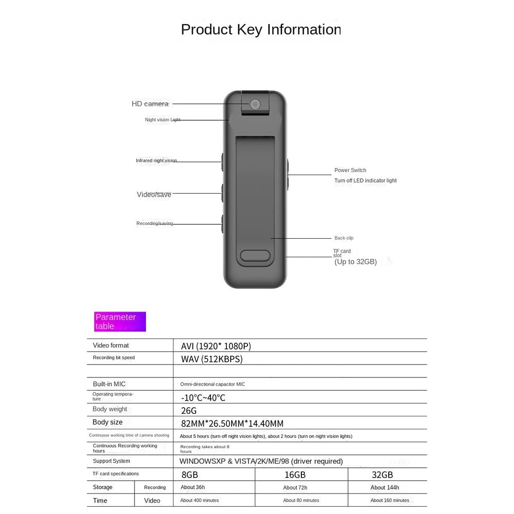 Komdndht 1PCS Mini Body Worn Camera - 180° Invisible Sports Camera for Outdoor Activities, No Night Vision - Perfect for Cycling, Hiking, Police & Security Recording