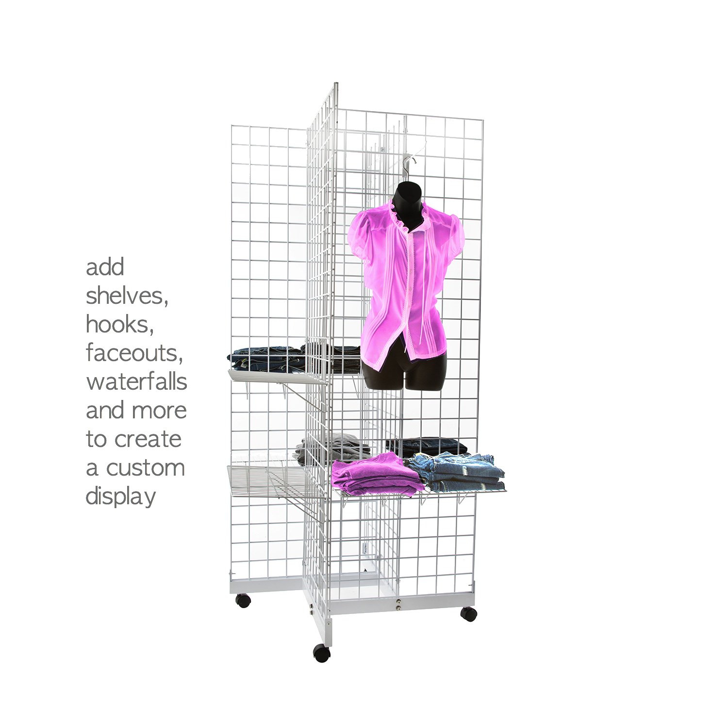 White 4-Way Wire Grid Tower with Base & Casters - 2' x 6' Wire Grid Panel 4-Sided Rolling Display Rack for Retail Stores, Trade Shows & Warehouse Organization