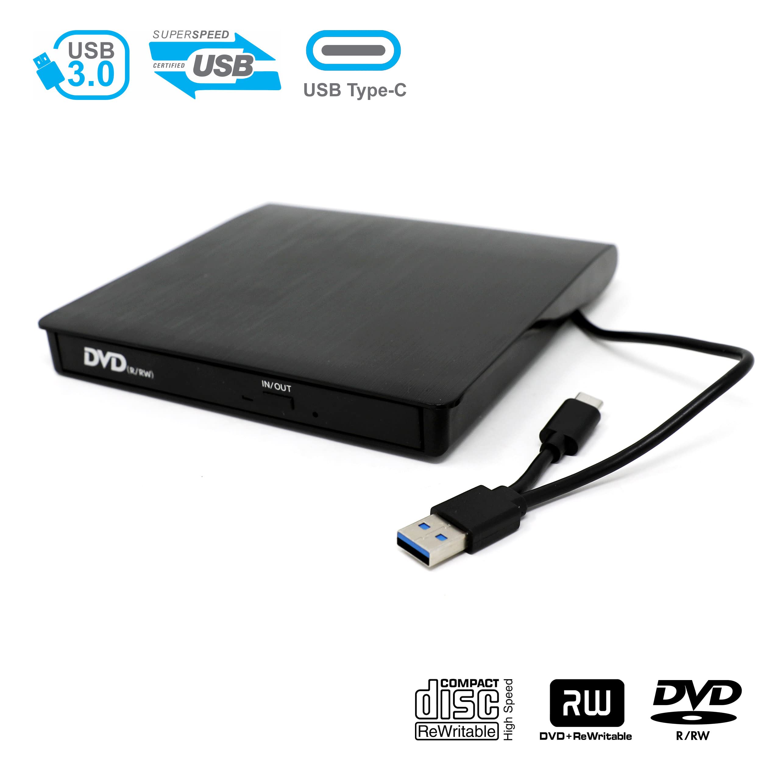 KamKorda External CD DVD Drive for Laptop - USB 3.0 & USB-C Slim Portable CD/DVD RW Burner Writer for MacBook, PC, Windows | Perfect for Data Backup, Movie Playback & Software Installation