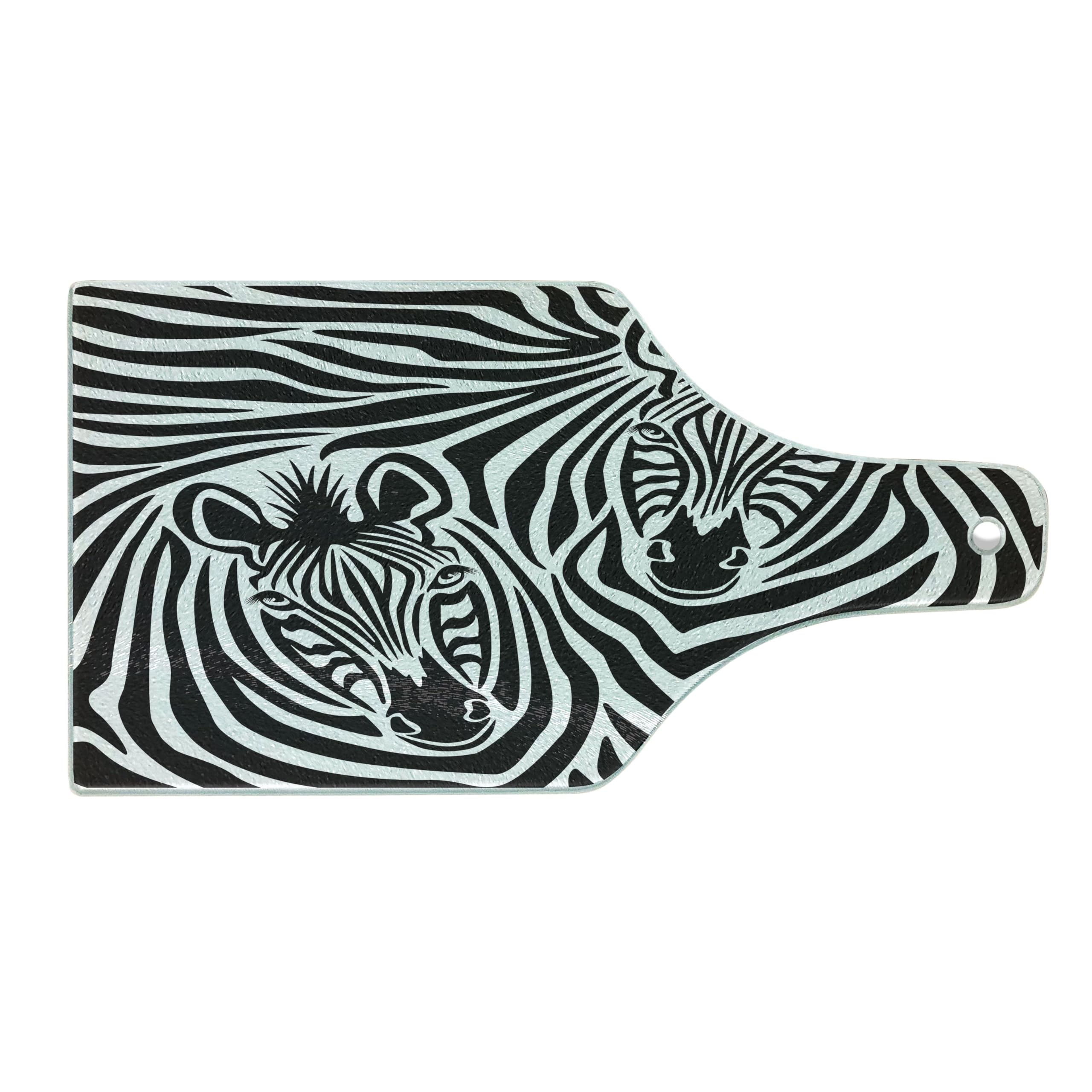 Ambesonne Savannah Tempered Glass Cutting Board - Zebra Eyes Face Heads Wild Animal Design, Charcoal Grey & White Wine Bottle Shape - Perfect for Kitchen Prep, Charcuterie Serving & Party Entertaining