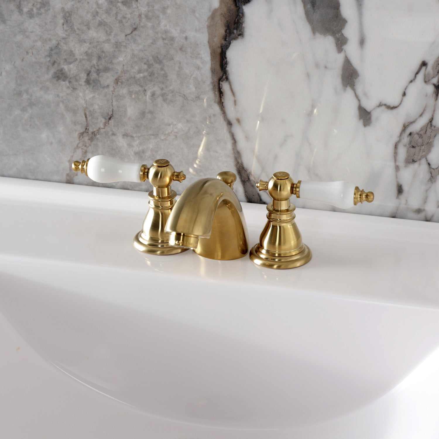 American Patriot KB957APLSB Brushed Brass Two-Handle 3-Hole Mini Widespread Bathroom Faucet with Pop-Up Drain - Perfect for Modern Bathroom Vanities and Powder Rooms