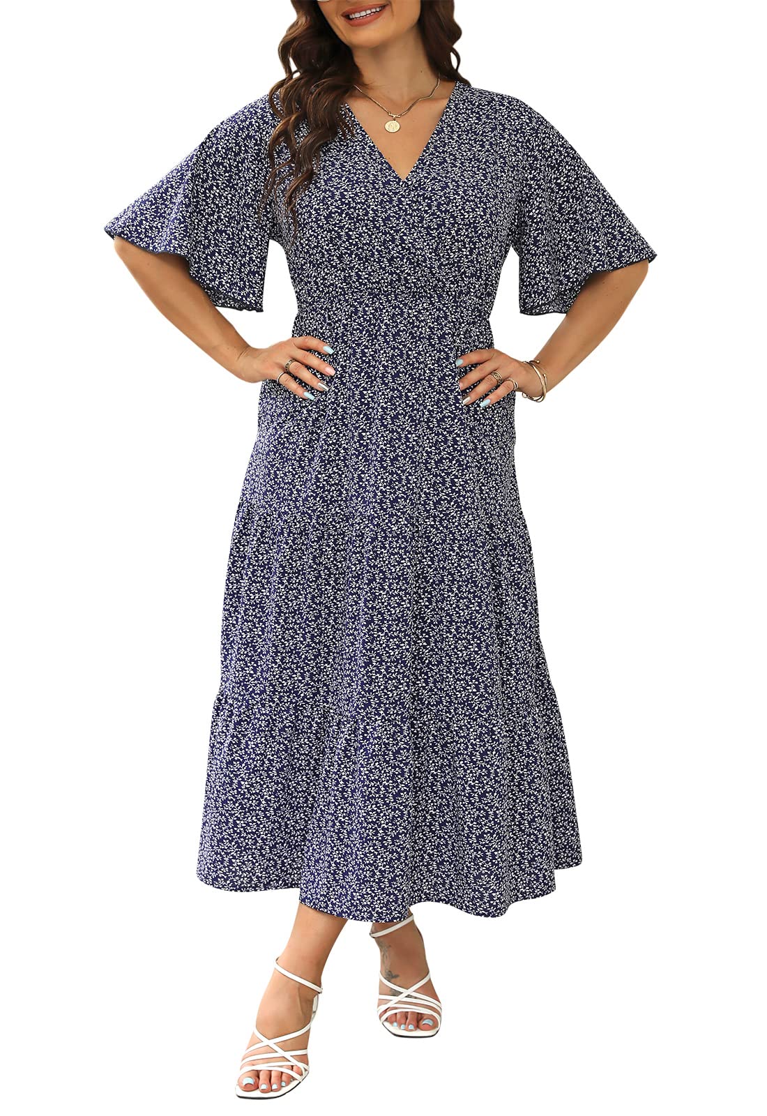 Keluummi Plus Size Wedding Guest Maxi Dresses for Curvy Women - Summer Casual Boho Floral Long Party Sundress with 3/4 Sleeve | Perfect for Beach Weddings, Garden Parties & Vacation Outfits