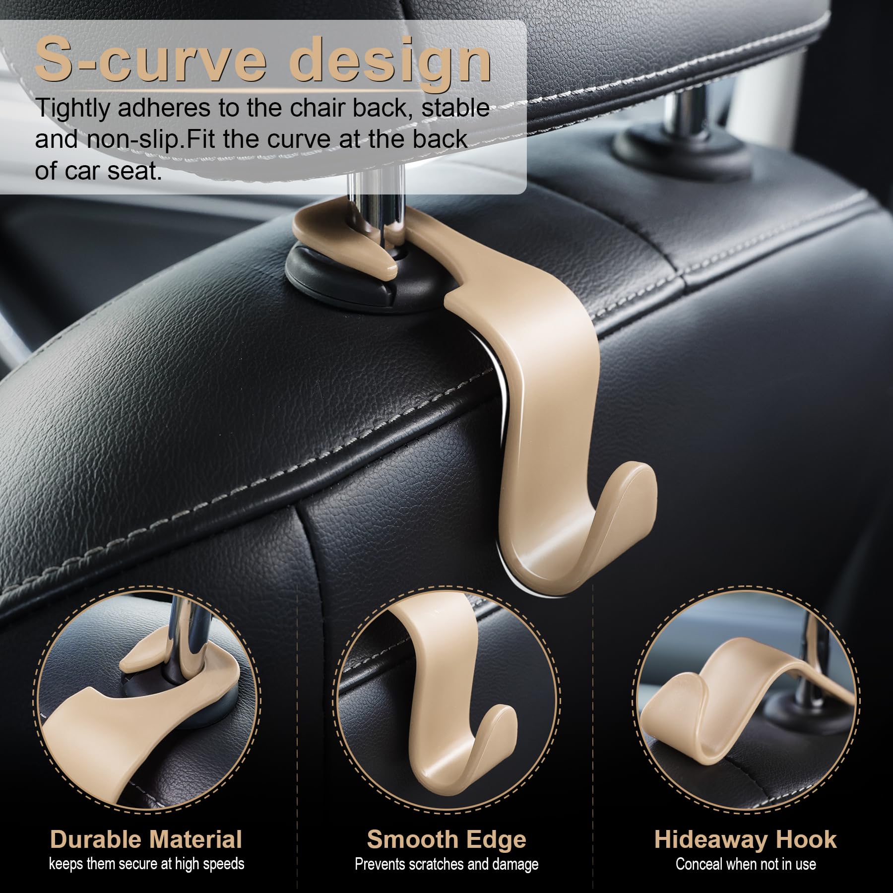 LivTee 4-Pack Car Seat Headrest Hooks - Durable Auto Seat Hook Organizers for Purse, Coat, Umbrella & Grocery Bag Storage - Perfect for Road Trips, Shopping & Daily Commute
