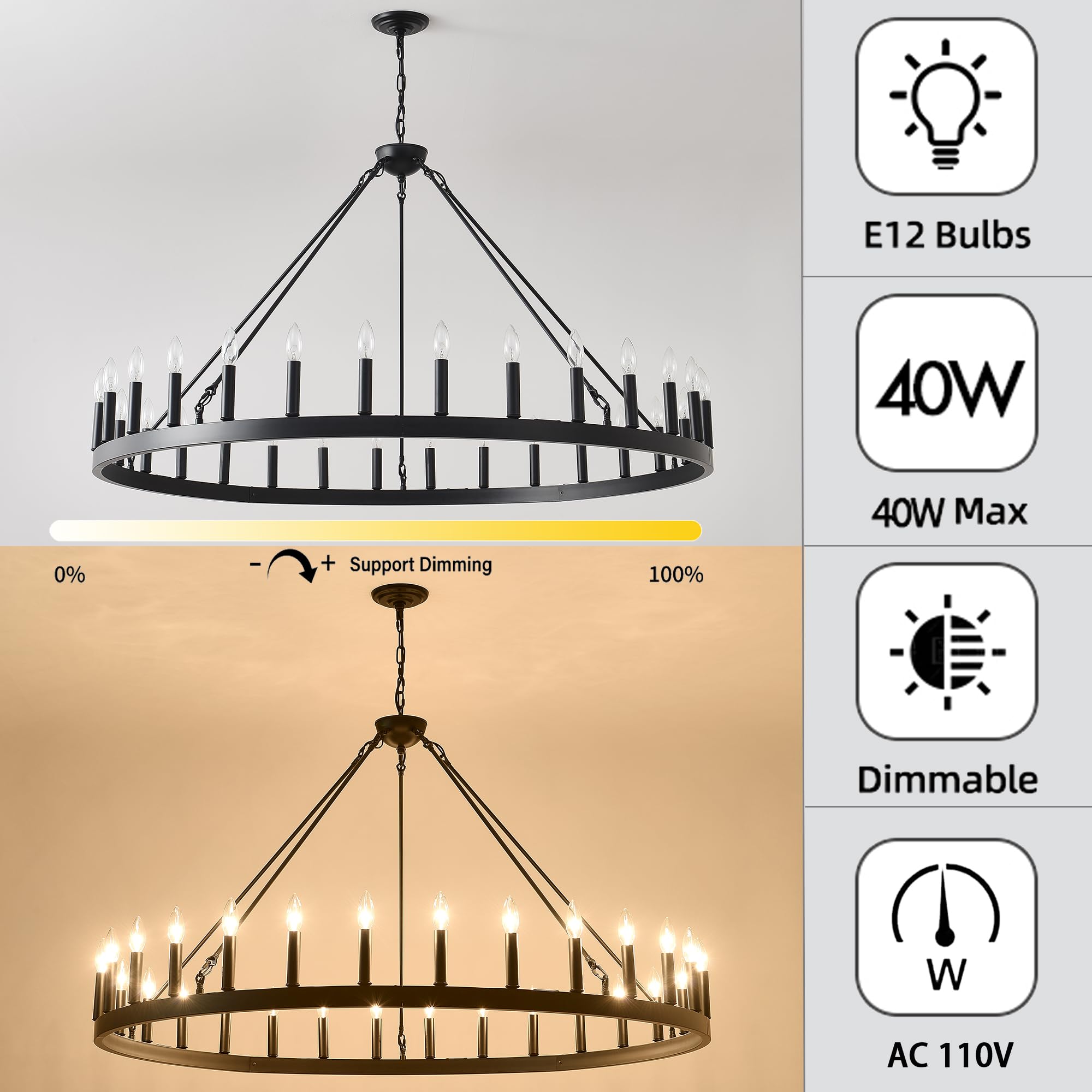 53 Inch Black Extra Large Wagon Wheel Chandelier - 30-Light Farmhouse Industrial Round Pendant Light with Adjustable Chain for High Ceilings | Perfect for Dining Room, Living Room, Foyer, and Rustic Home Decor