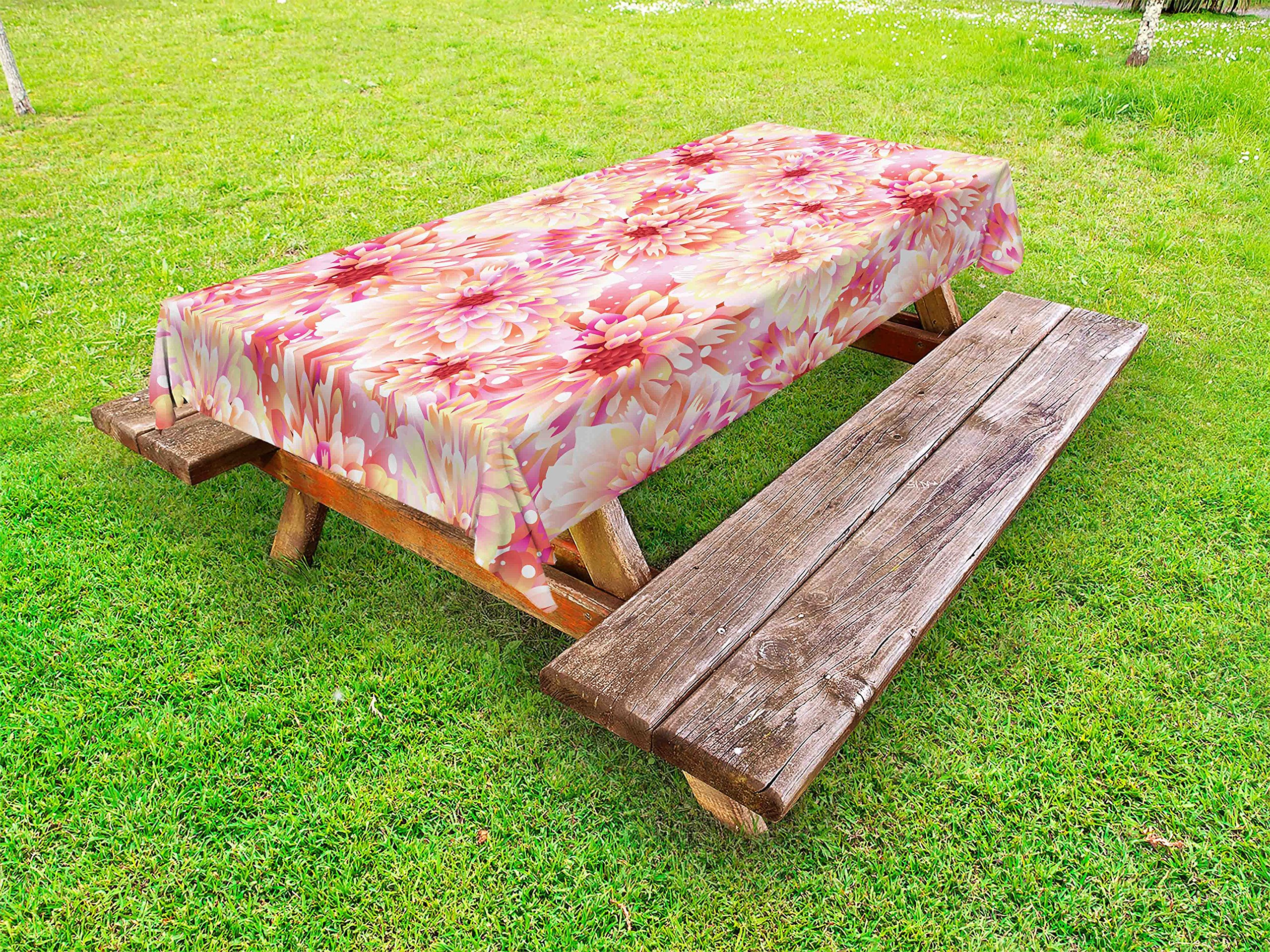 Ambesonne Dahlia Flower Outdoor Tablecloth - Double Apple Blossom Design with Overlap Axis & Twist Circle Pompons, Washable Picnic Table Cover 58x120 Inches, Pink & Yellow - Perfect for Garden Parties, BBQs, and Outdoor Dining Events