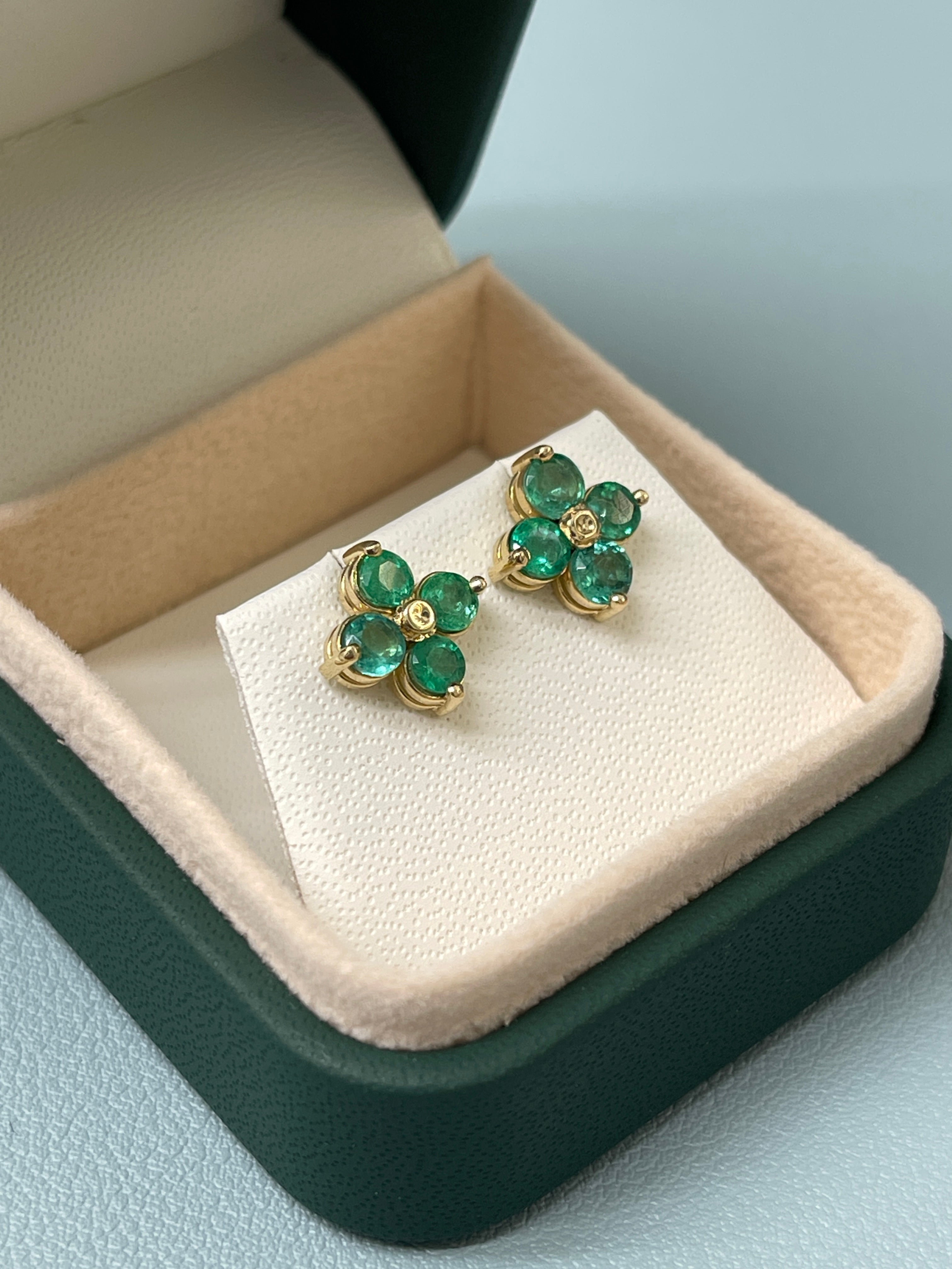 2.0tcw Round Natural Emerald Floral Stud Earrings in 14K Gold - Perfect for Weddings, Parties & Everyday Elegance