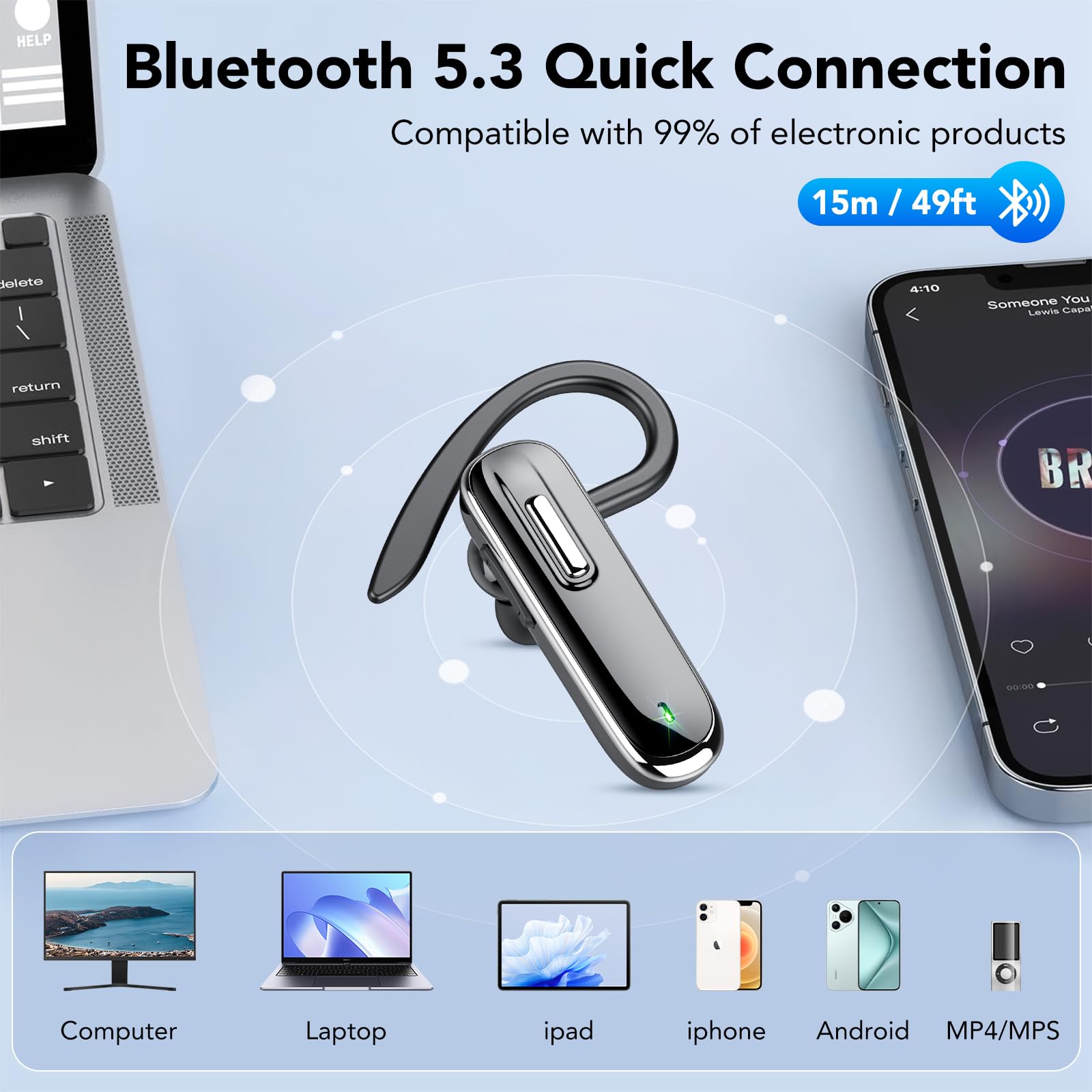 IKG Wireless Bluetooth Headset with CVC8.0 Noise Cancelling Dual Mic, 25H Playtime & USB-C Fast Charging - Hands-Free Earpiece for iPhone, Android, PC (Ideal for Driving, Office Calls & Online Meetings)