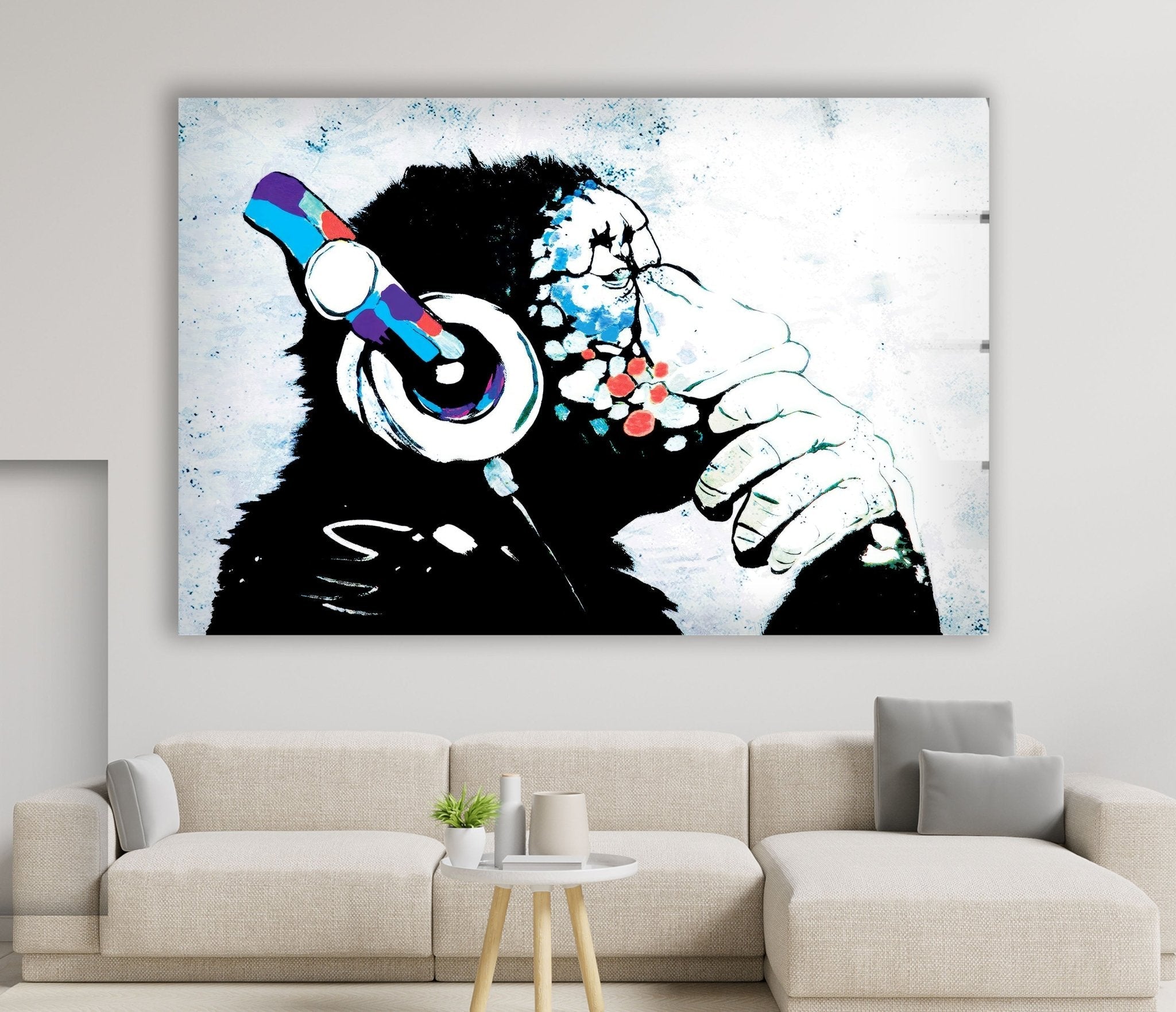 Banksy DJ Monkey Glass Wall Art - Modern Home Decor for Living Room, Bedroom & Office - Unique Street Art Gift for Music Lovers