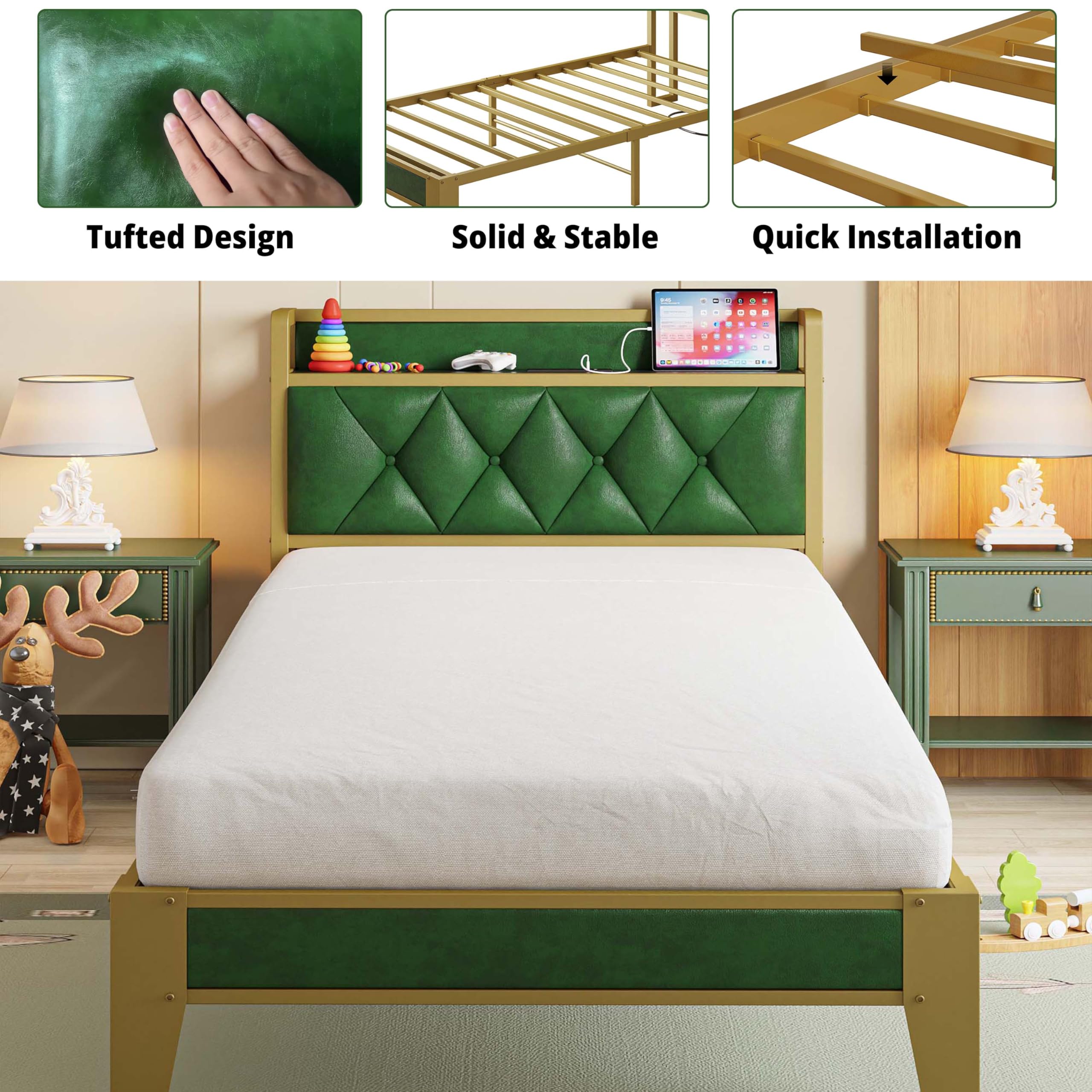 ANCTOR Twin Bed Frame with Storage Headboard & USB Outlets - Easy Assembly, Sturdy Metal Platform Bed, No Box Spring Needed, Quiet & Stable - Perfect for Small Spaces, Dorms, Guest Rooms & Apartments (Emerald Green)
