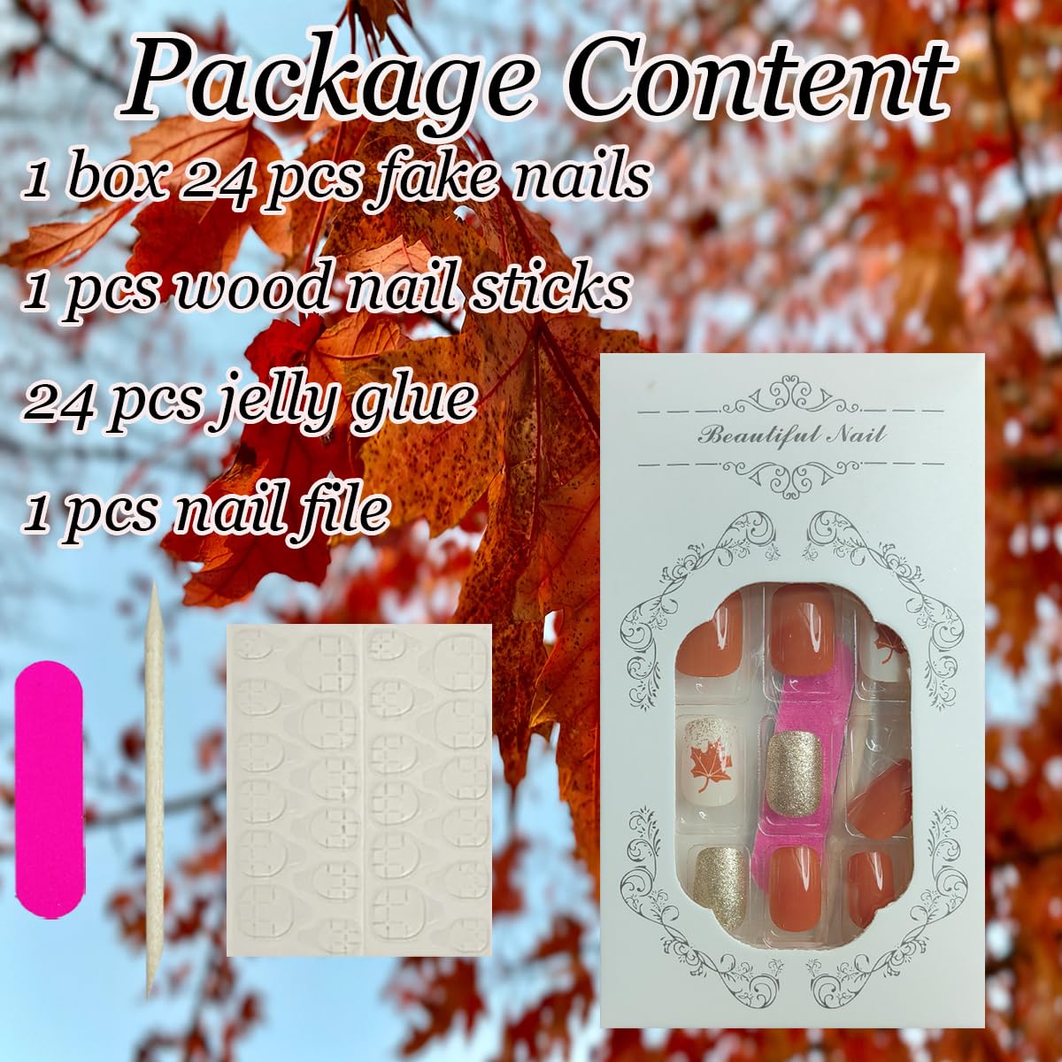 Short Square Press on Nails with Maple Leaf Design - Gold Glitter Foil Acrylic Fake Nails for Women | Fall & Thanksgiving Nail Art | Perfect for Autumn Parties, Holidays & Special Occasions
