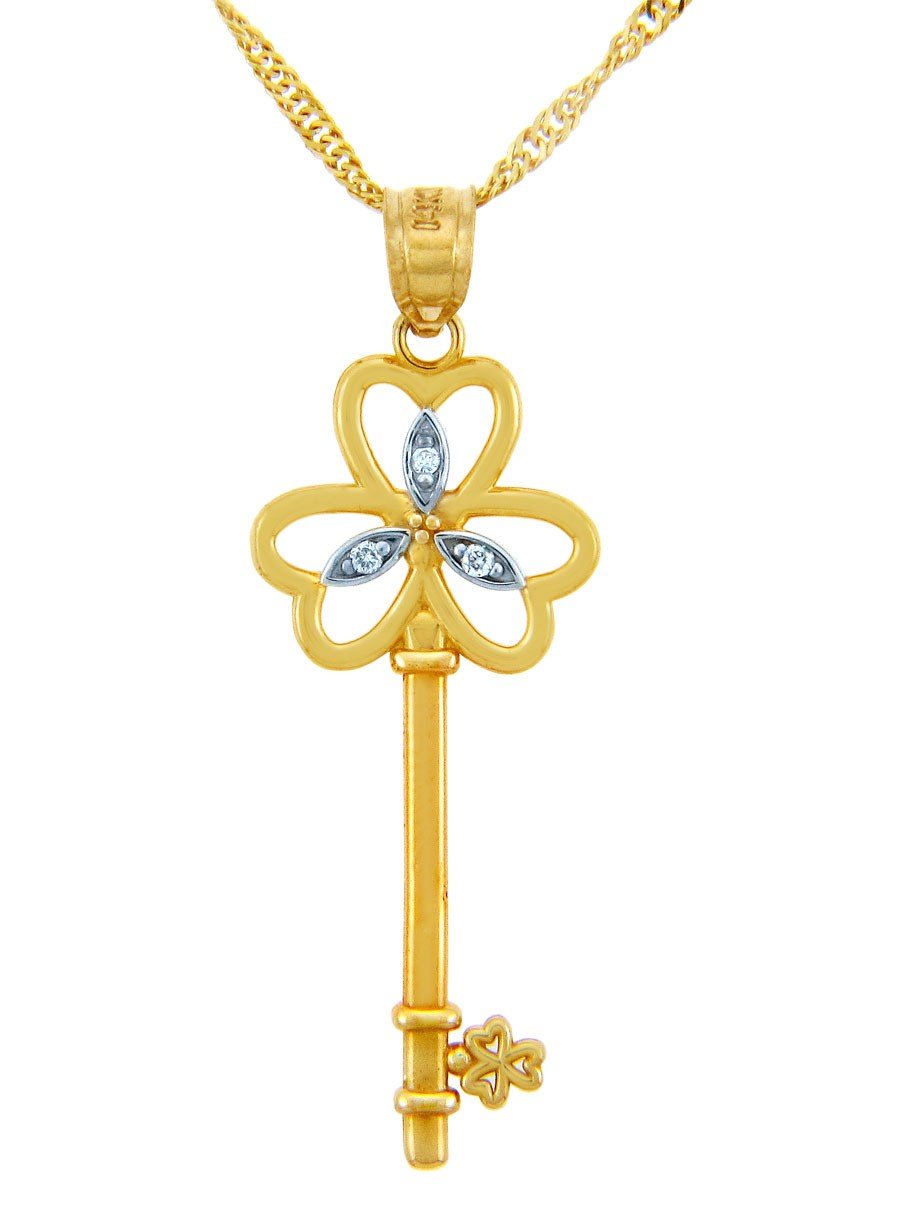 10K Yellow Gold Key Pendant Necklace with Three Hearts - Elegant Jewelry Gift for Women, Valentine's Day, Anniversary & Special Occasions