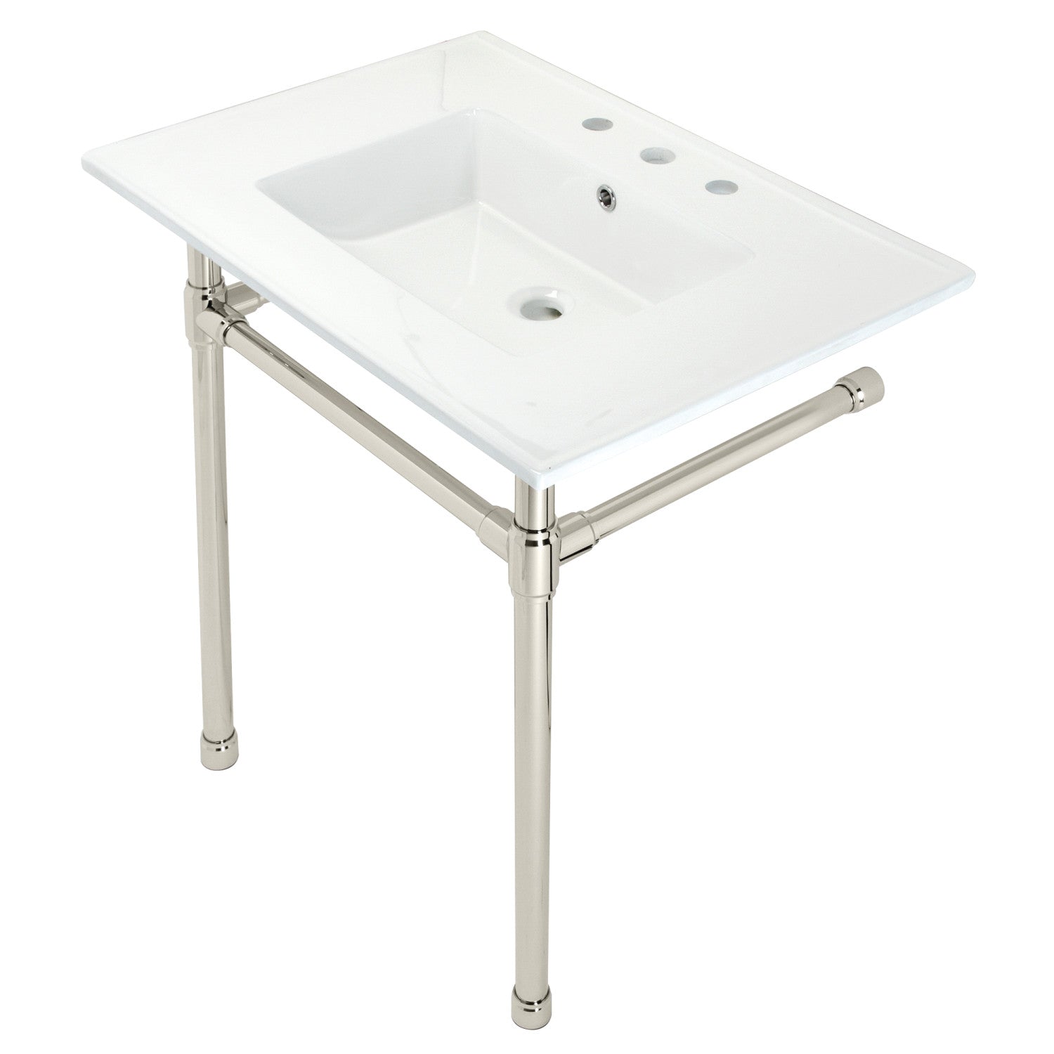 Dreyfuss 31 Inch White Ceramic Farmhouse Bathroom Sink with Stainless Steel Legs - 8 Inch, 3 Hole Faucet Mount - Perfect for Modern Farmhouse, Rustic & Vintage Style Bathrooms