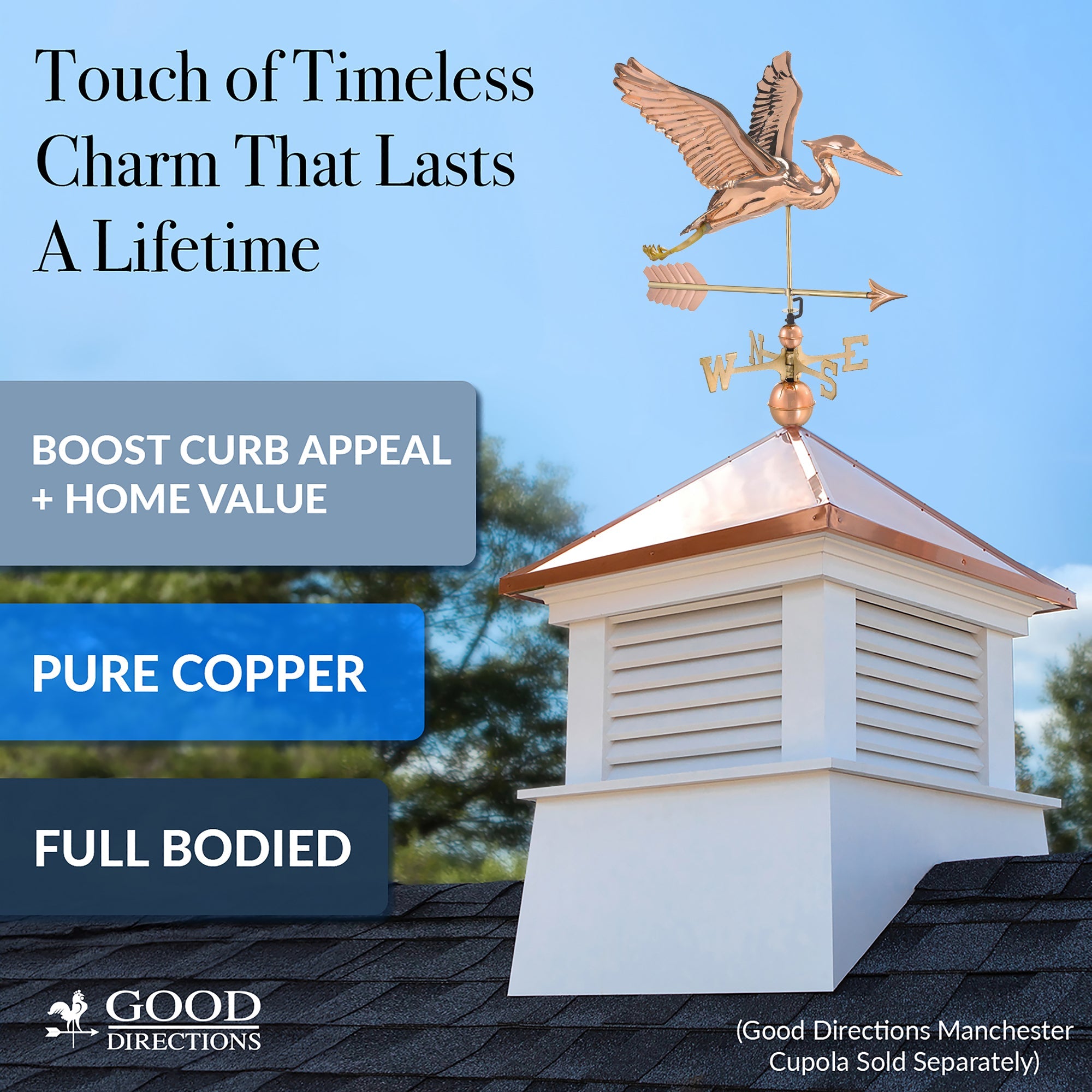 Blue Heron with Arrow Weathervane - Handcrafted Copper Garden Decor for Outdoor & Farmhouse Style (Perfect for Roof Tops, Barns, and Countryside Homes)