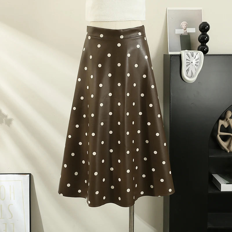 Elegant French Chic Women's Long Skirts - Dot Print A-Line High Waist Leather Skirt | Stylish Streetwear & Autumn Fashion | Perfect for Office, Dating & Casual Outfits
