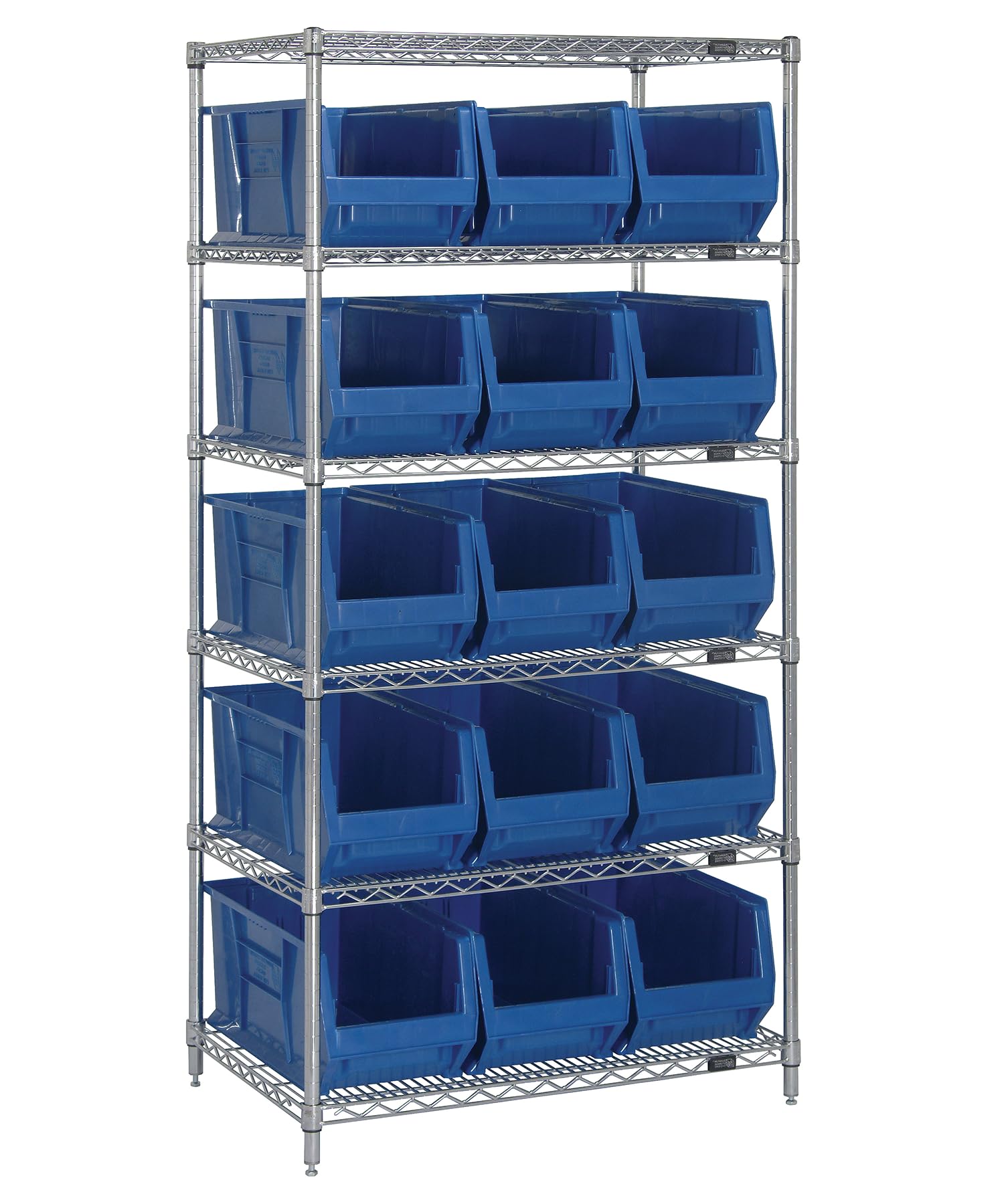 Quantum Storage Systems WR6-973BL 6-Tier Heavy Duty Wire Shelving Unit with 15 Black Hulk Bins - 30